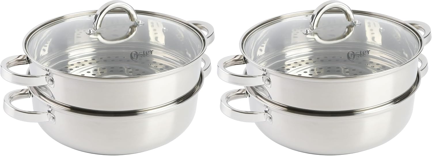 Oster Dutch Oven with Steamer Basket 3-Quart - Sangerfield Stainless Steel, Stovetop Steamer for Vegetables, Rice & Tamales, Dishwasher Safe