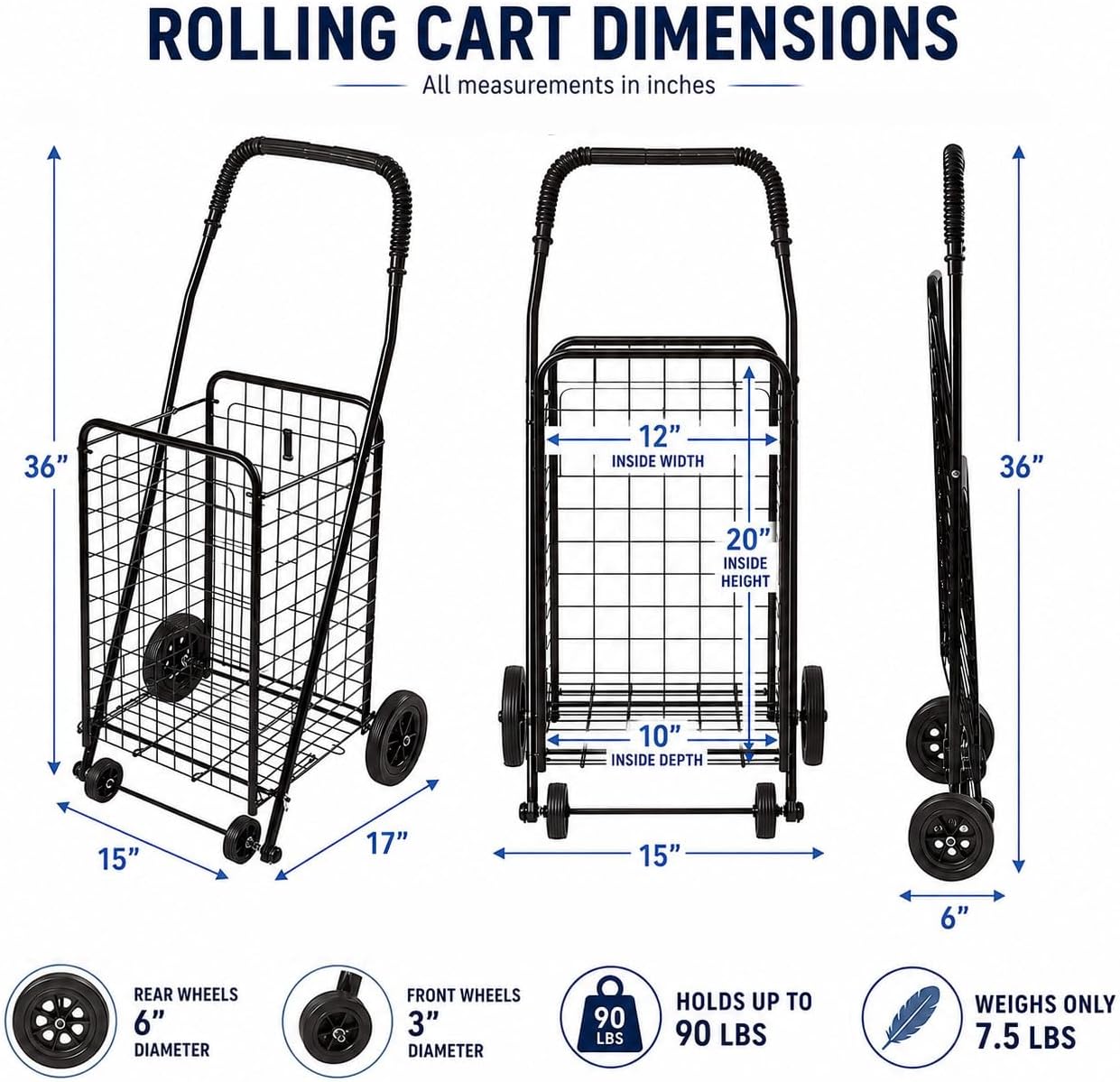 DMI Utility Cart with Wheels to be used for Shopping, Grocery, Laundry and Stair Climber Cart, Weighs 7.5 Pounds but holds up to 90 Pounds