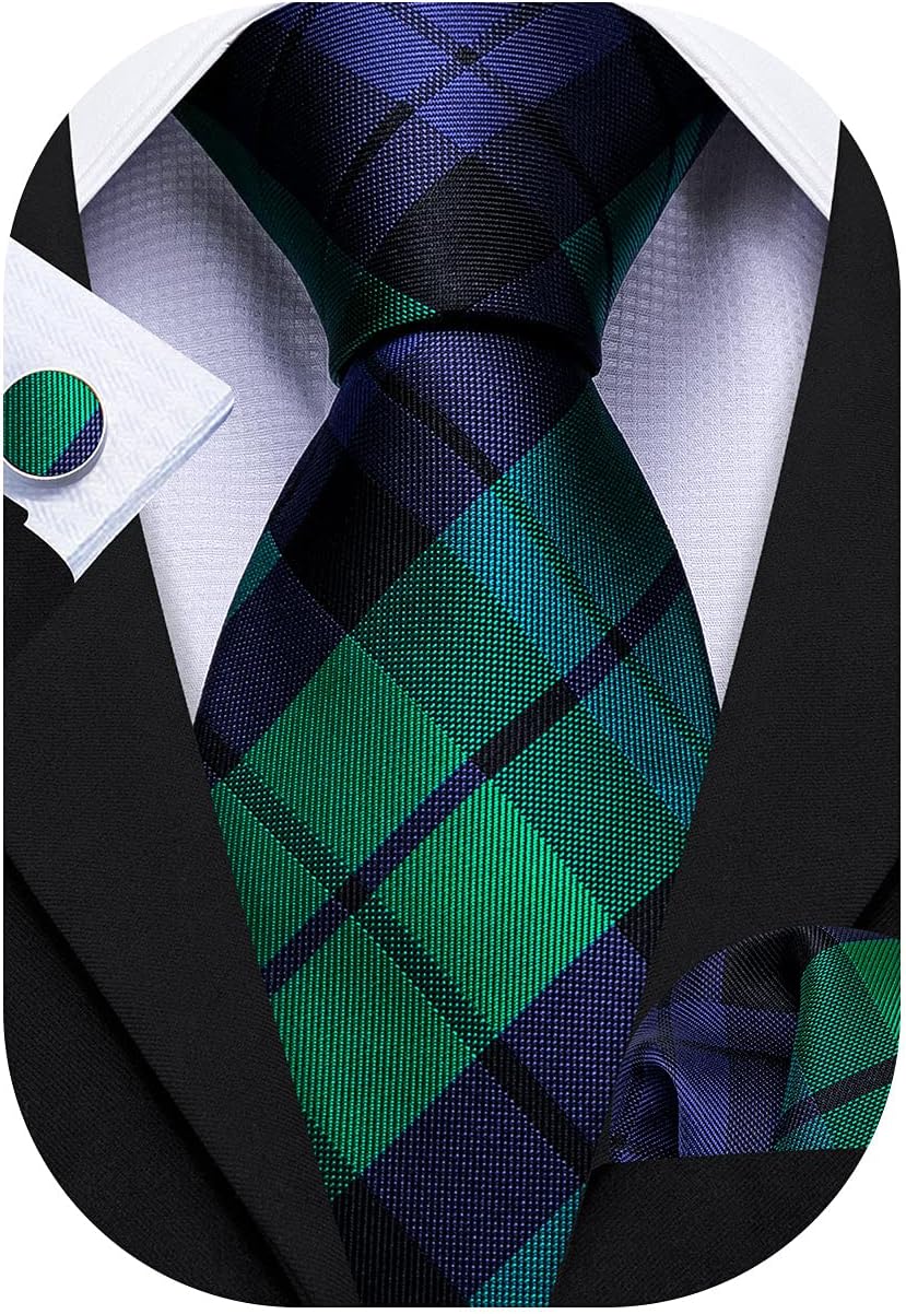 Barry.Wang Plaid Ties for Men Silk Necktie Handkerchief Cuff Links Set