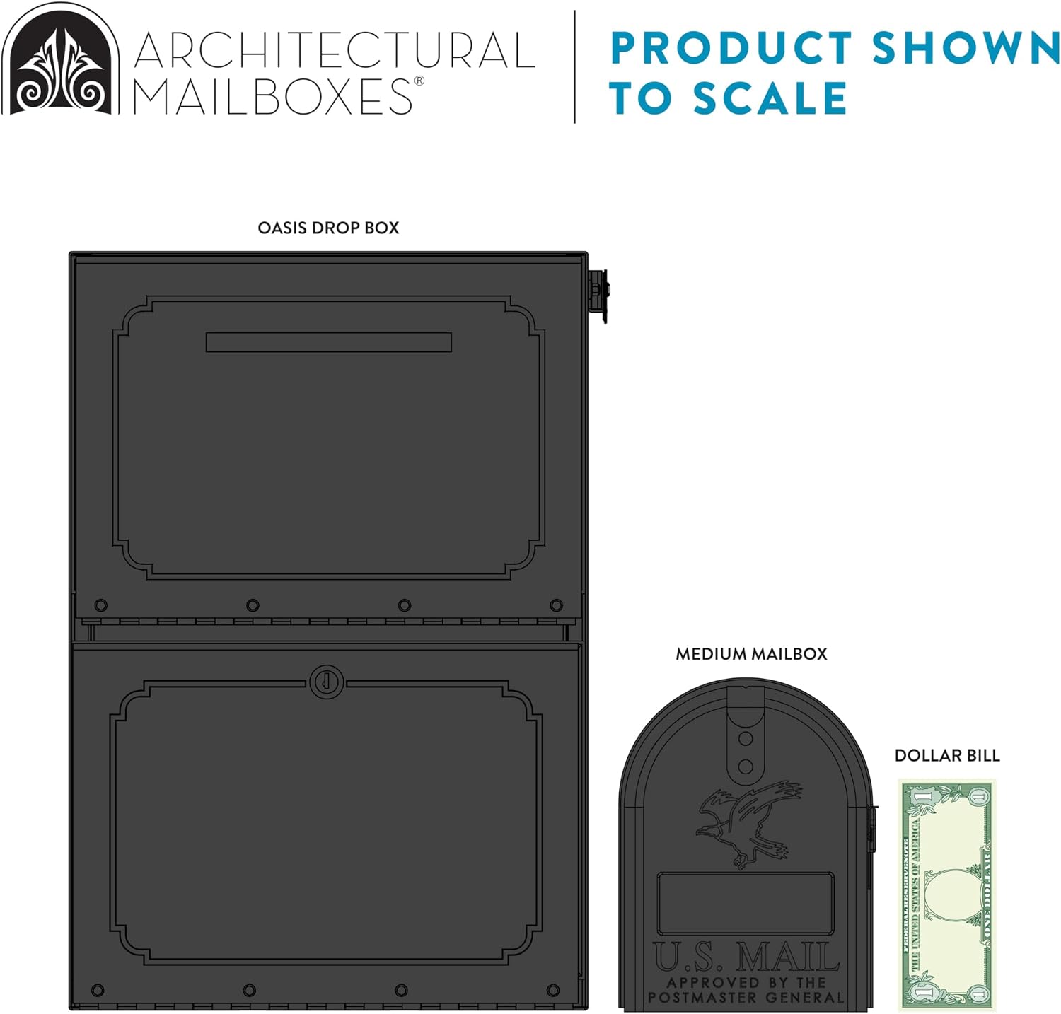 Architectural Mailboxes Oasis Galvanized Steel Package Drop Box, Black, XL | Rust-resistant parcel locker with a secure cam lock, an anti-theft hopper door, and a powder-coat finish.