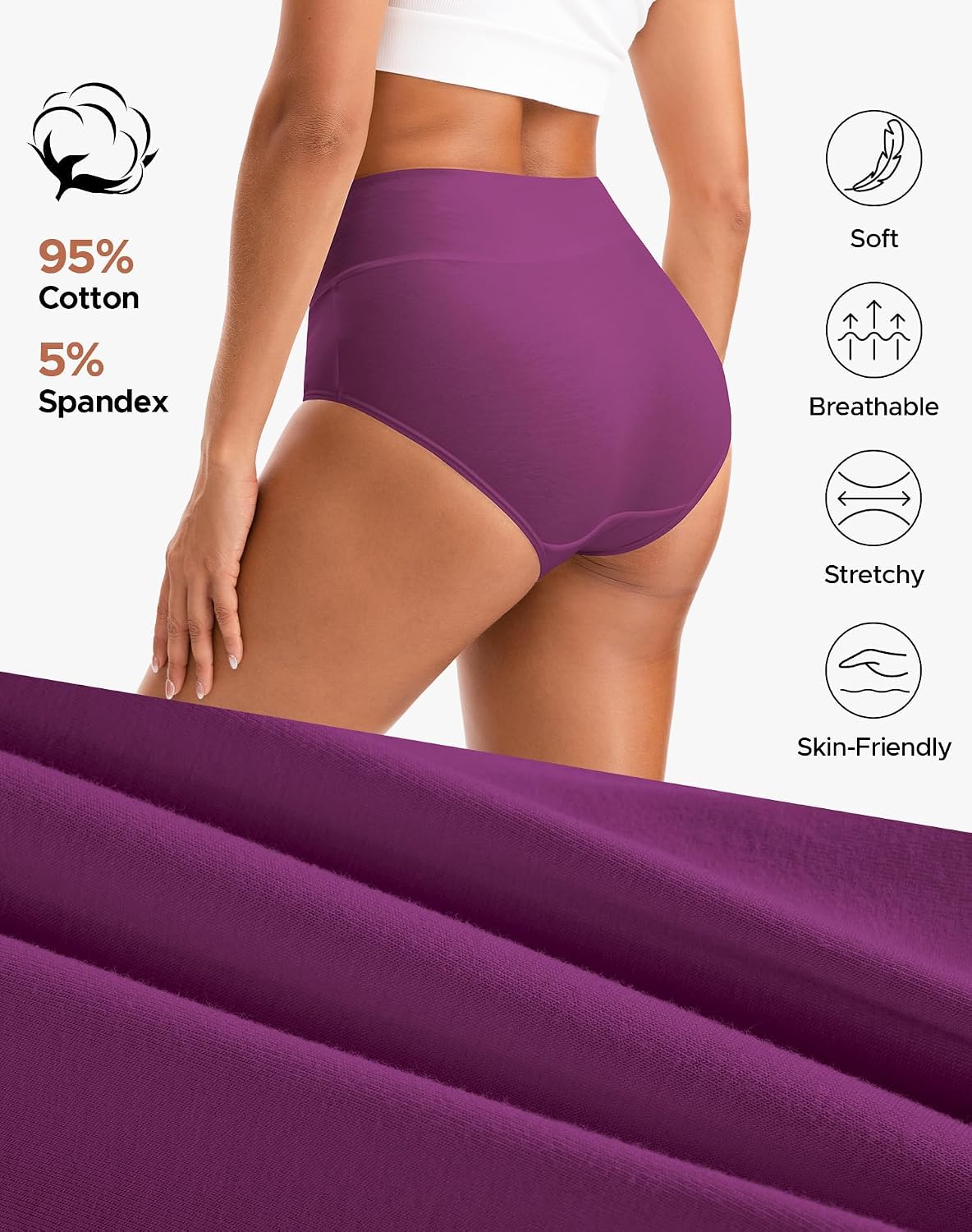 INNERSY Women's High Waisted Underwear Cotton Panties Regular & Plus Size 5-Pack