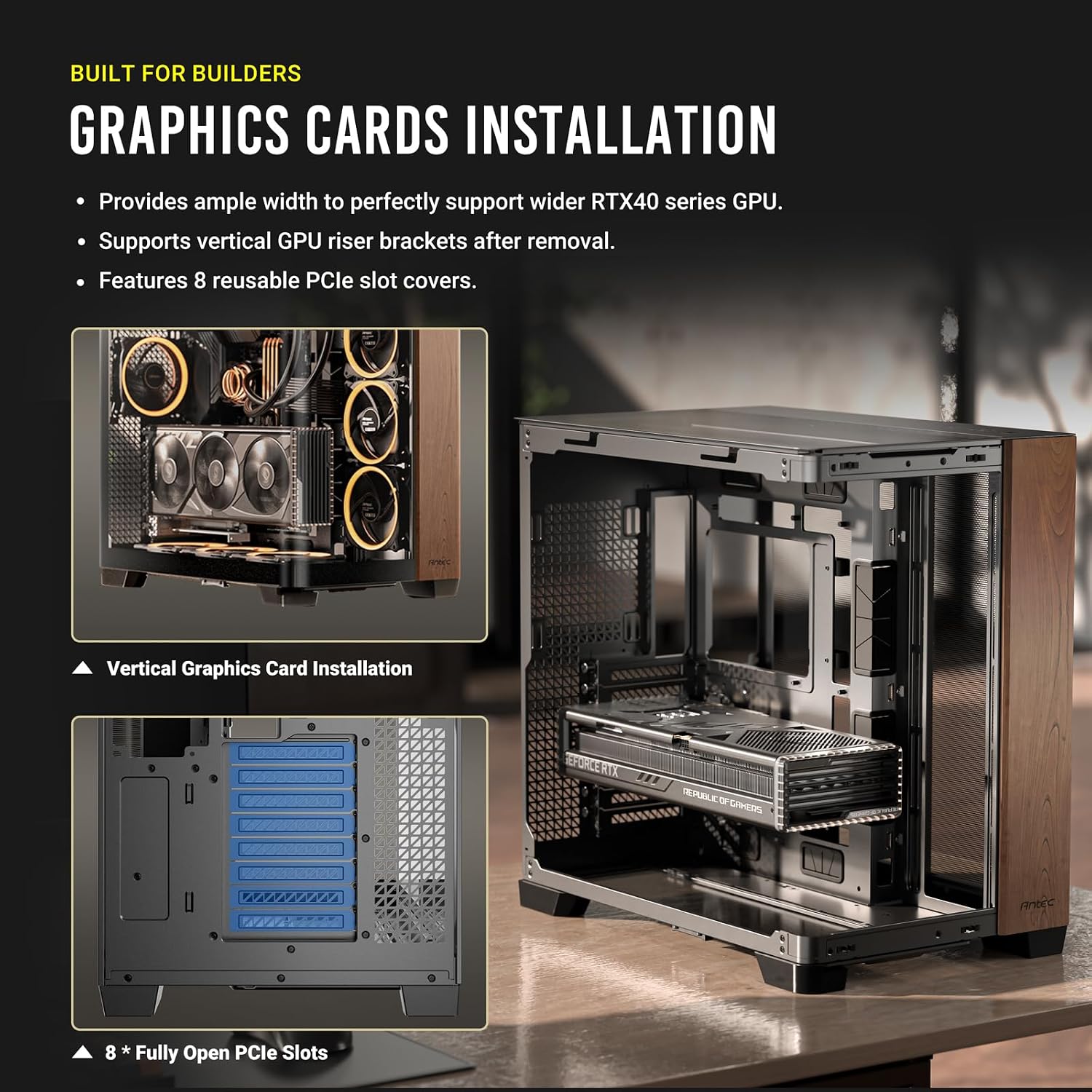 Antec C8 Wood, Fans not Included, Wooden Front Panel, Dual-Chamber Layout, Type-C, 360mm Radiator Support, Seamless TG Front & Side Panels, RTX 40 Compatible, Full-Tower E-ATX PC Case