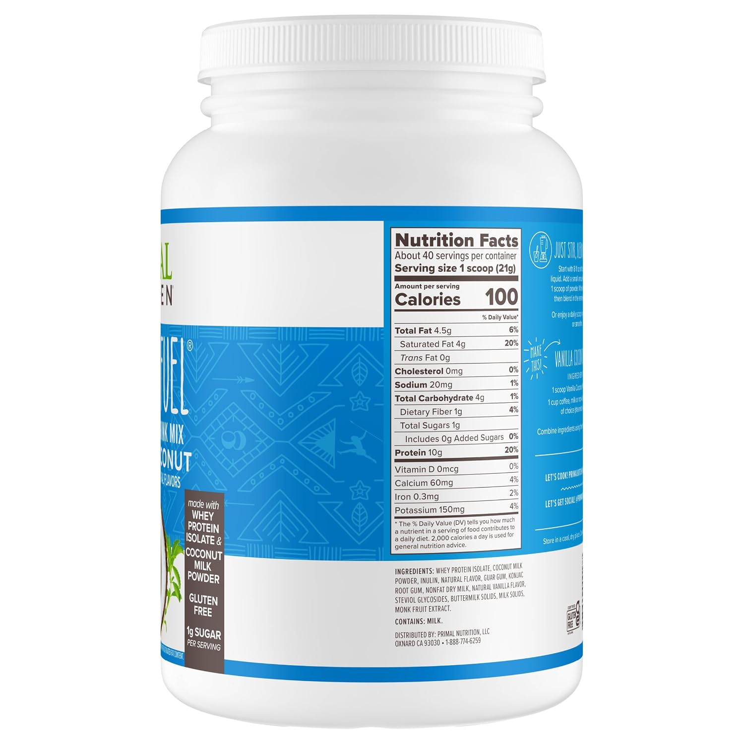 Primal Kitchen Primal Fuel Chocolate Coconut Whey Protein Powder, Gluten and Soy Free, 1.94 Pounds