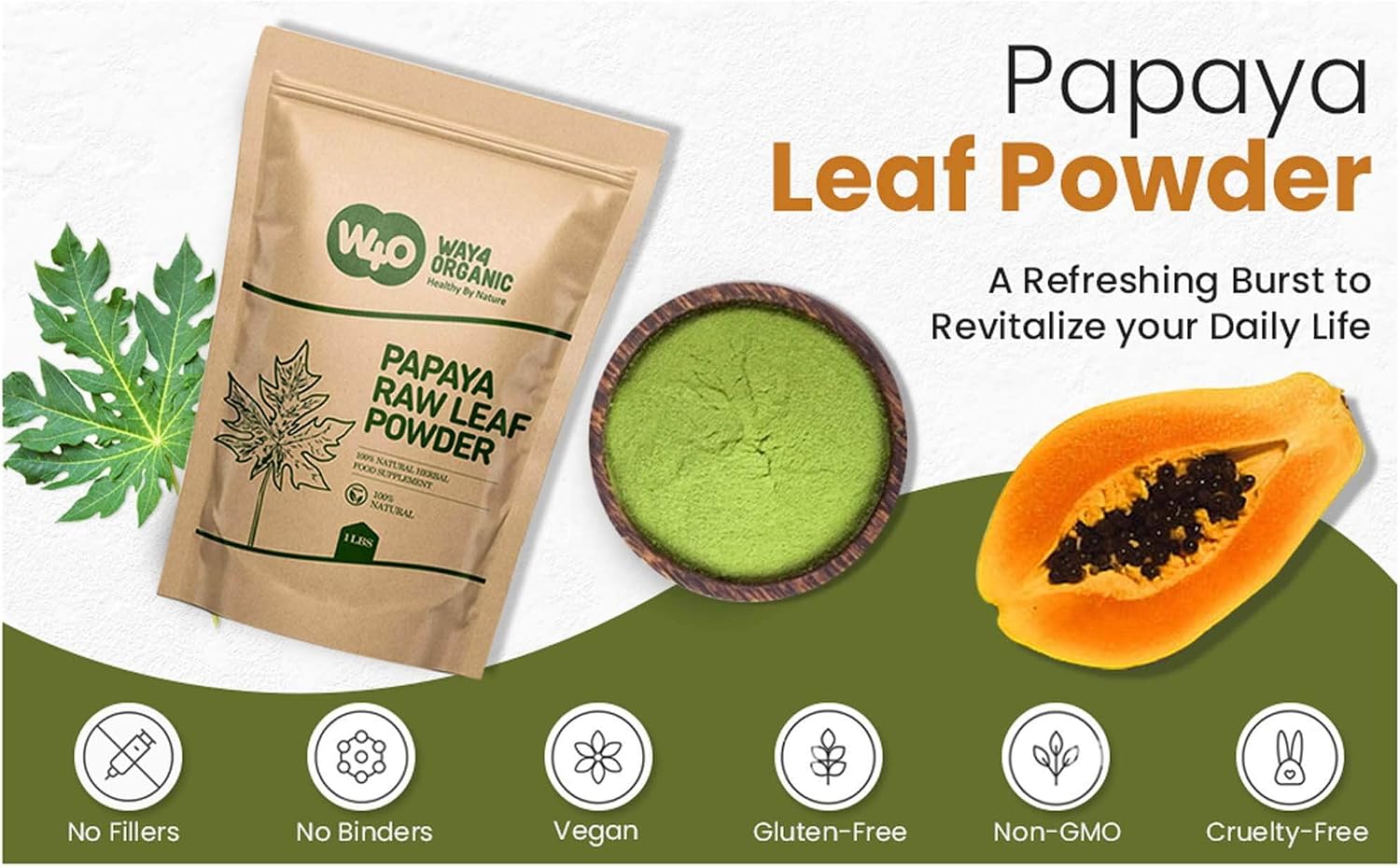 Way4Organic Papaya Leaf Powder 16 Ounces(1 Pound), Dried from Fresh Green Leaves, Good to Make Tea, Juice Extract, (No Fruit, No Seeds)