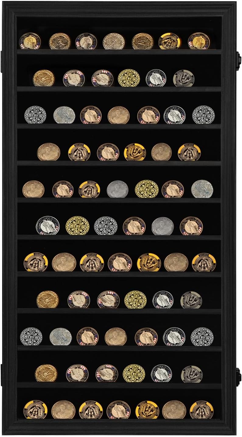 Jinchuan Military Challenge Coin Display Case Lockable Cabinet Rack Holder Shadow Box with Removable 2 Grooves Shelves and Anti Dust Door for Casino