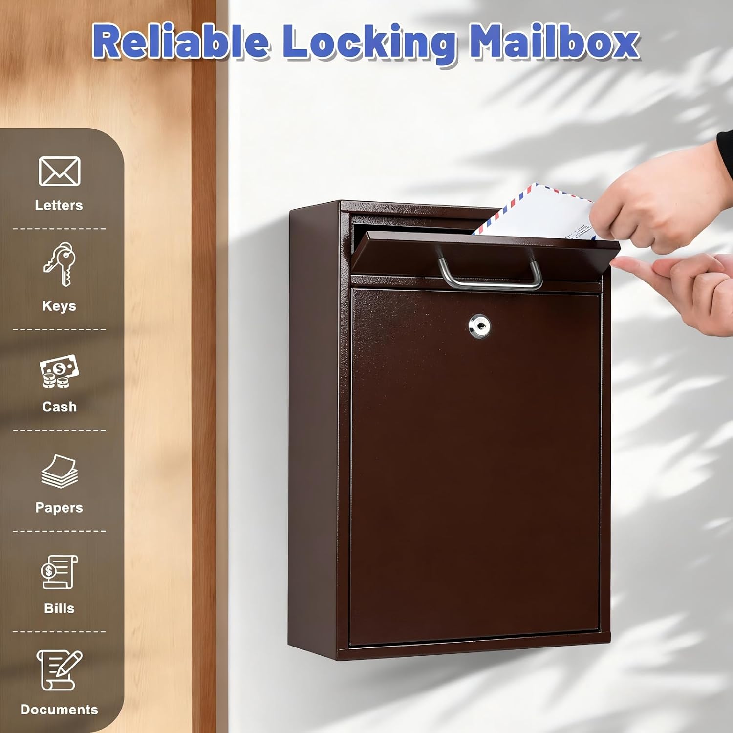 KYODOLED Steel Key Lock Mail Boxes Outdoor, Locking Wall Mount Mailbox, Security Lock Drop Box, Collection Boxes for Home, Office or Commercial,16.2H x 11.2L x 4.6W Inches, Black X Large