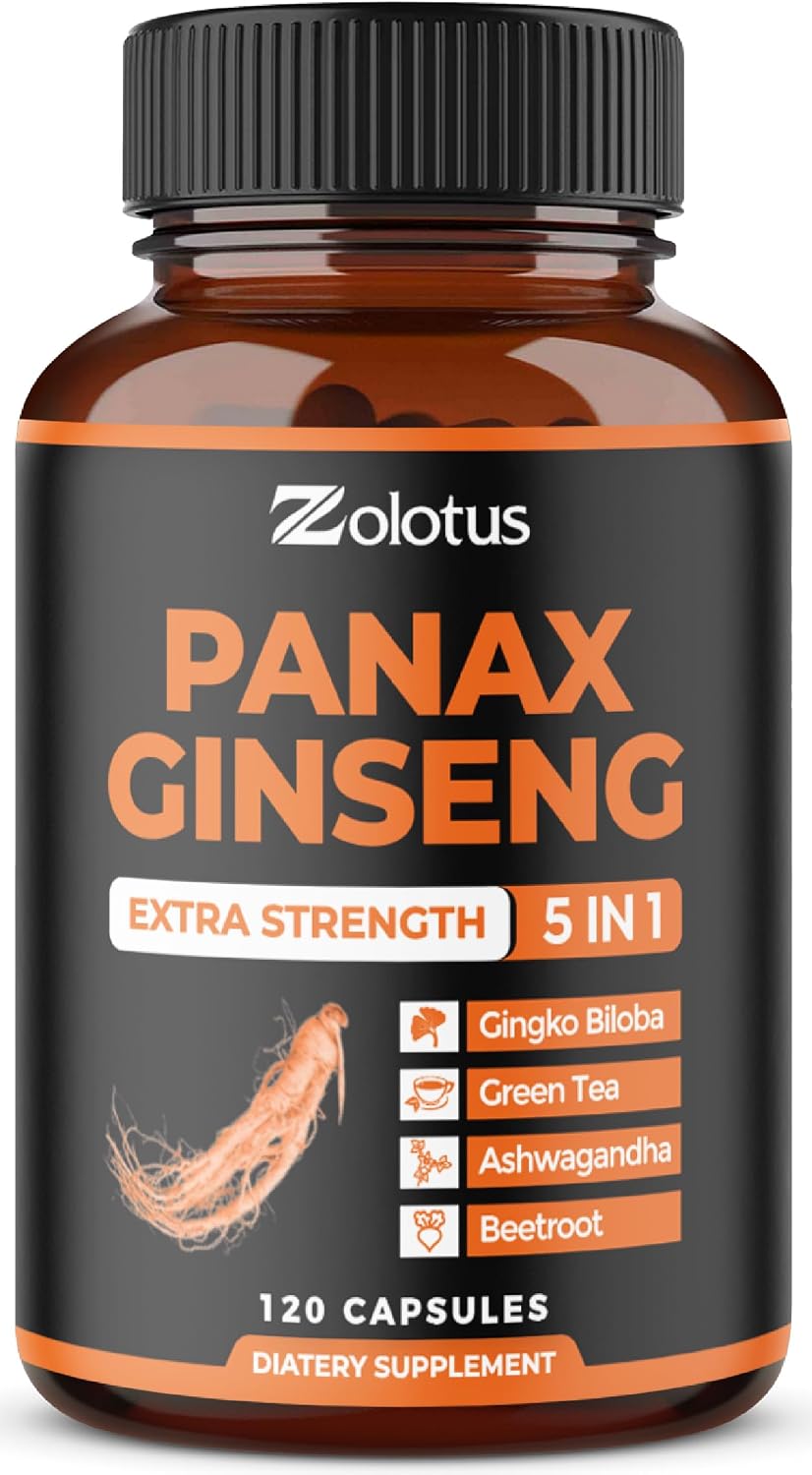 Zolotus Korean Red Panax Ginseng + Ginkgo Biloba, Ashwagandha, Beetroot, Green Tea - 120 Capsules for 2 Month Supply