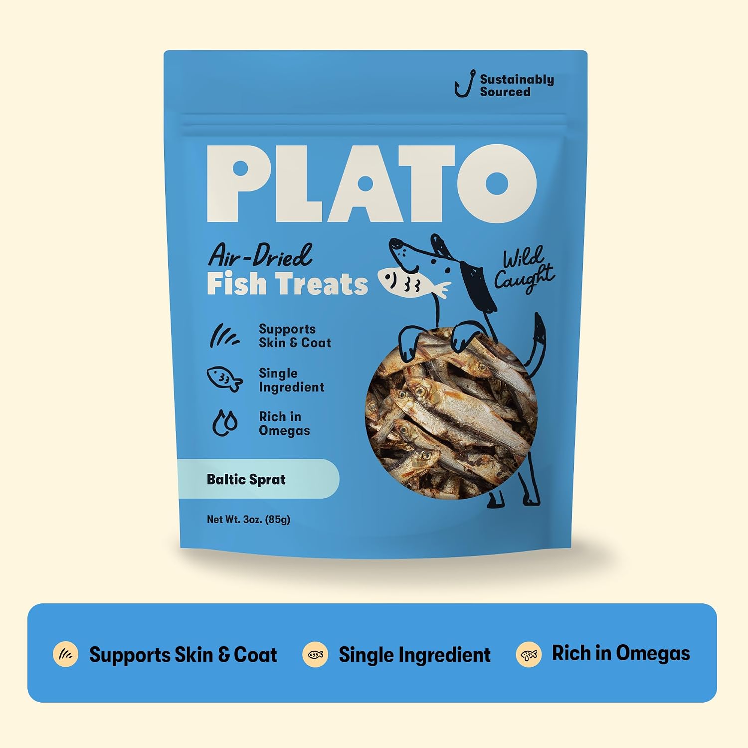 PLATO Single Ingredient Wild-Caught Baltic Sprat Dog Treats, Air-Dried Whole Fish, Omega-Rich Skin & Coat Support, 3 oz