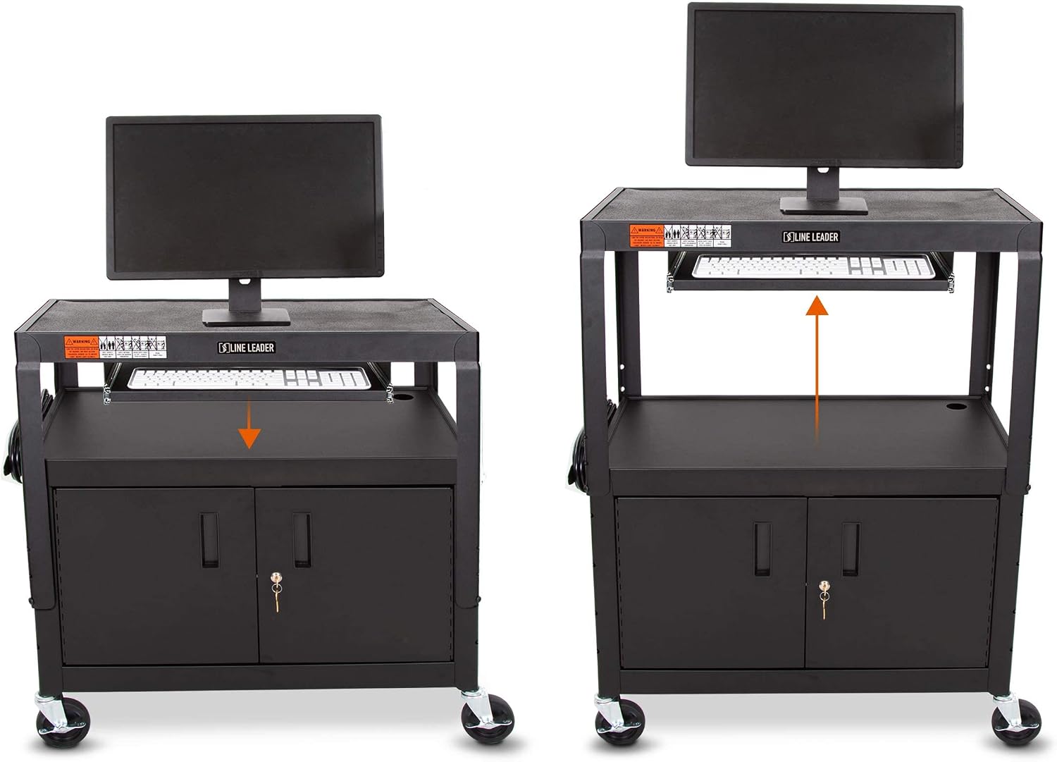 Line Leader AV Cart w/Locking Cabinet, Black Metal Utility Cart with Storage Shelf - Height Adjustable, Mobile and Great for Offices, Classrooms, Libraries (Black, 24in x 18in)