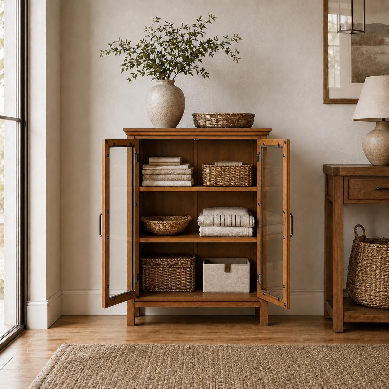 Teamson Home Avery Wooden Freestanding Floor Cabinet with 2 Adjustable Shelves 3 Storage Spaces 2 Glass Paneled Doors and 2 Antique Brass Knobs