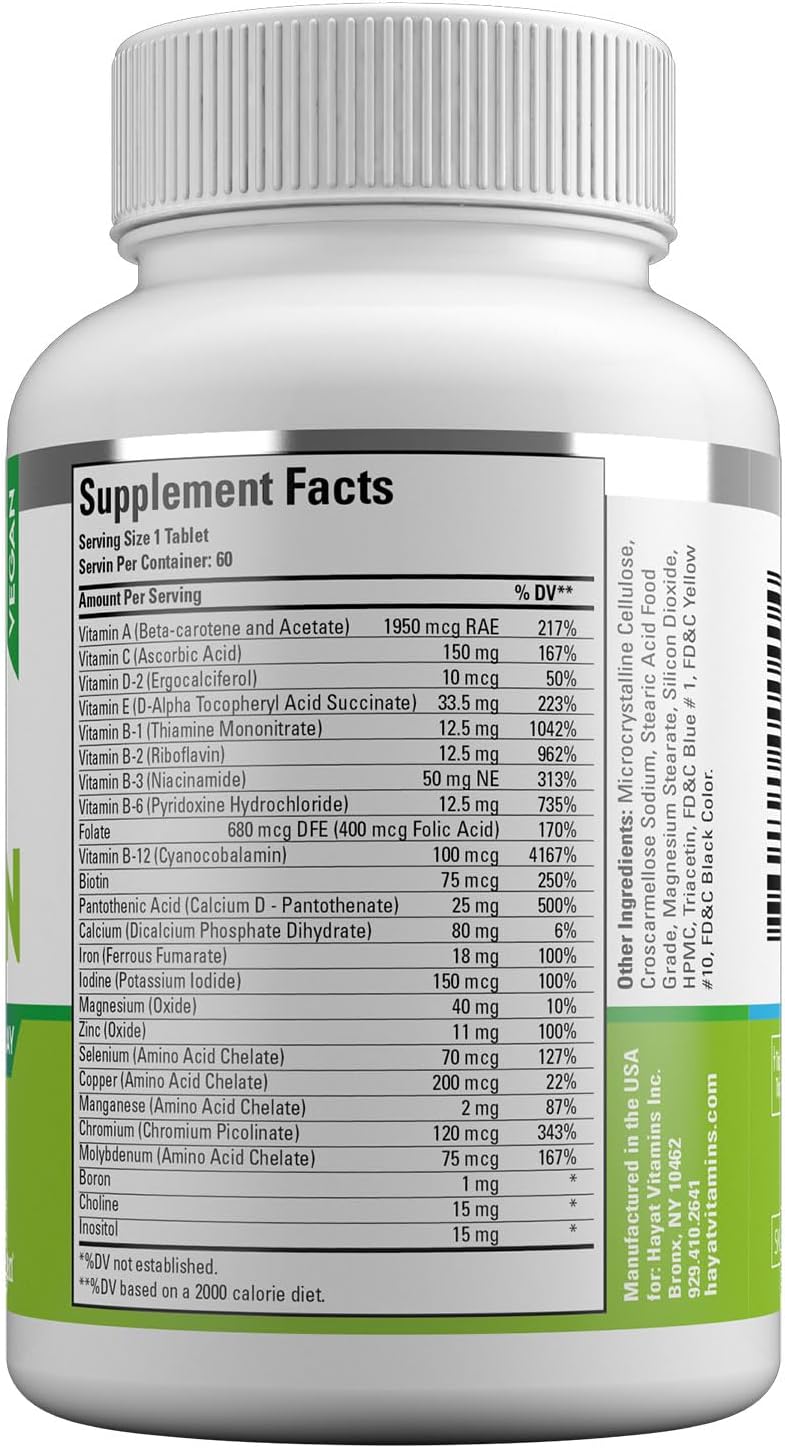 HAYAT Vitamins Vegan Natural Multivitamin, Daily Vitamins with Vitamin A, C, D, E, B1, B2, B3, B6, B12, Biotin, Zinc and More, 2 Month Supply