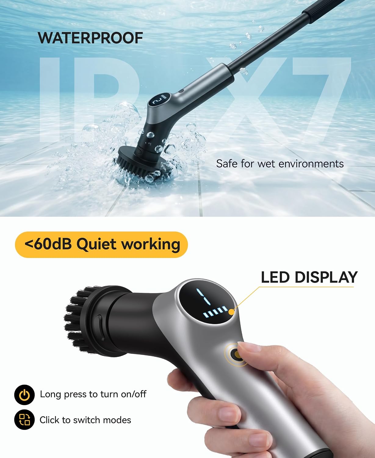 Electric Spin Scrubber for Bathroom, IPX7 Cordless Cleaning Brush with 6 Replaceable Brush Heads