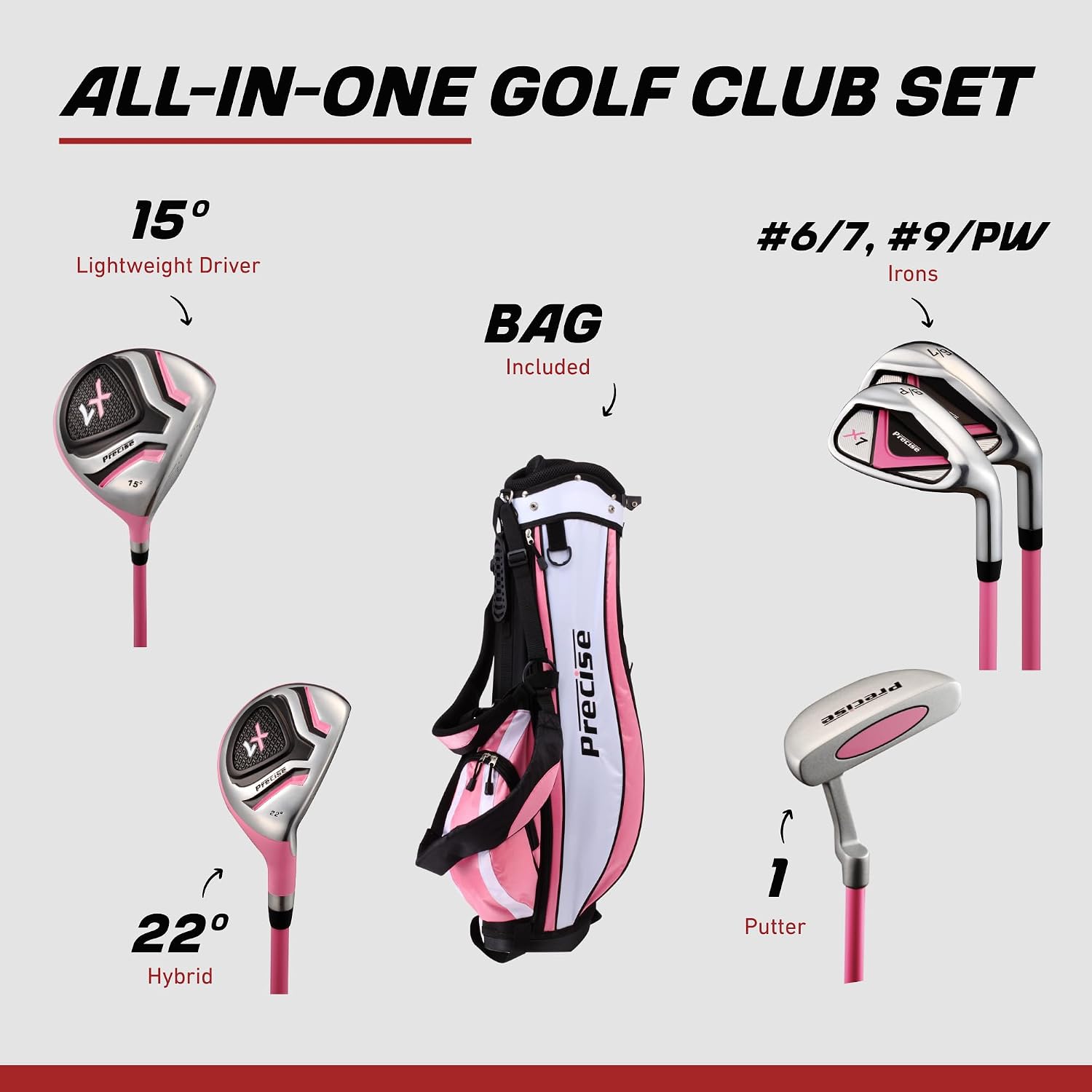 Precise - Kids Golf Club Set | Lightweight graphite shafts, hybrid & irons, putter, stand bag included, for boys and girls, ages 3-12, left/right hand