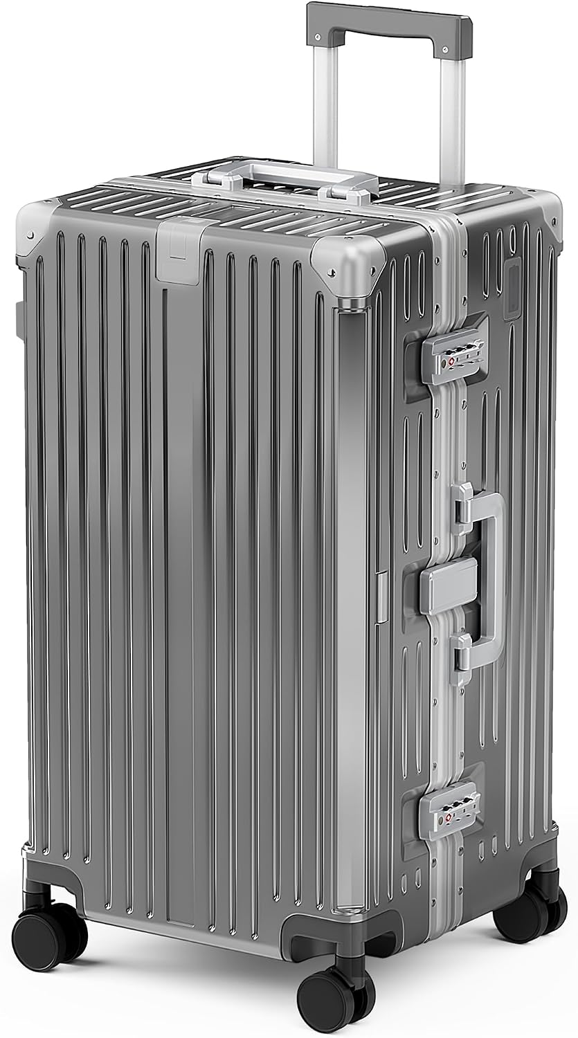 ALPHA CAMP Trunk Luggage 28 Inch with Aluminum Frame Zipperless Suitcase | Large Checked Thickened 3-Layer PC Hardside Luggage with TSA Lock,Charging Port,Cup Holder and Spinner Wheels for Travel