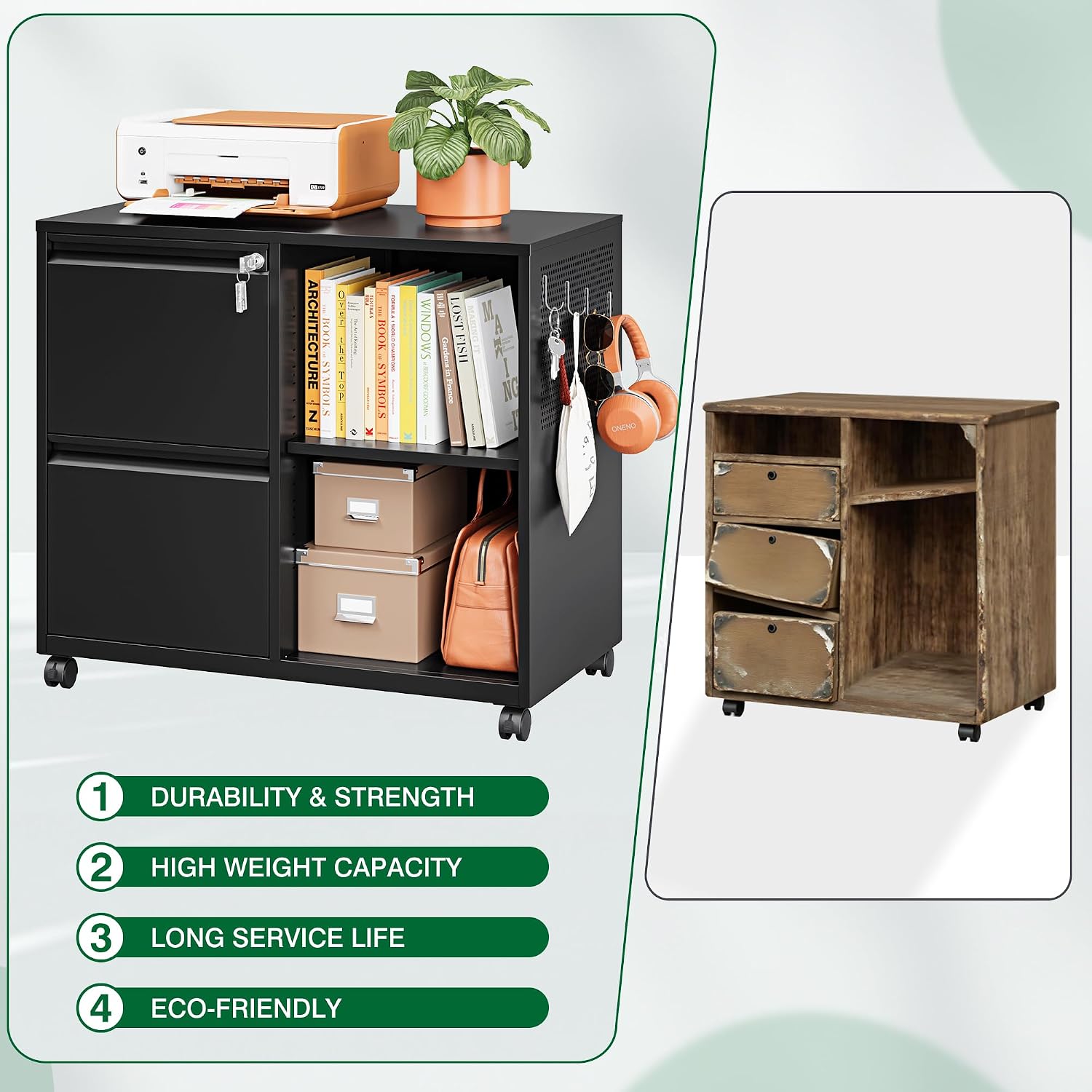 3 Drawer File Cabinet with Lock,Mobile Lateral Filing Cabinet with Side Hook for Letters/Legal/A4, Metal Printer Stand Storage Cabinets with Shelves for Home Office(Black)