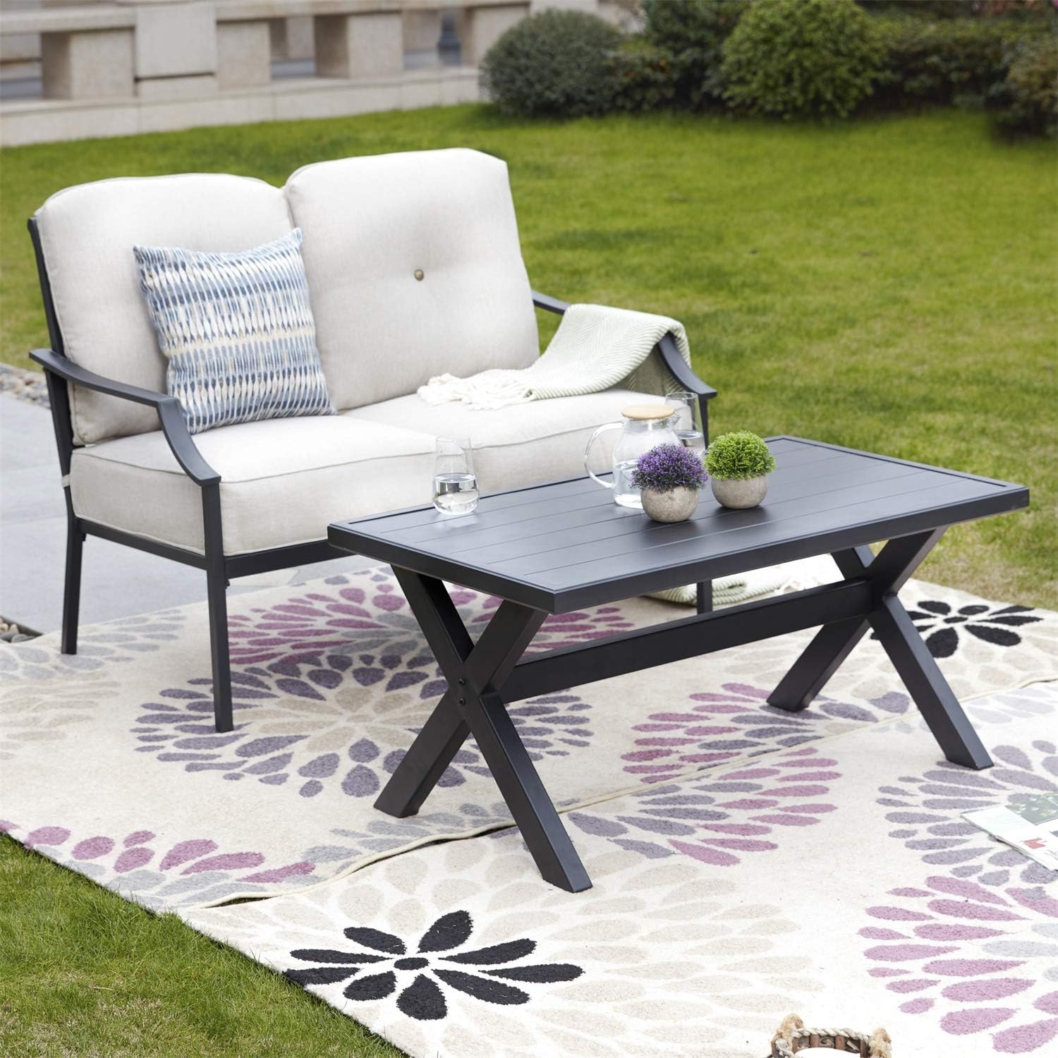 ® Outdoor Loveseat Bench,2PCs Conversation Furniture Set with Cushions,for Garden,Yard,Poolside and Patio (White)