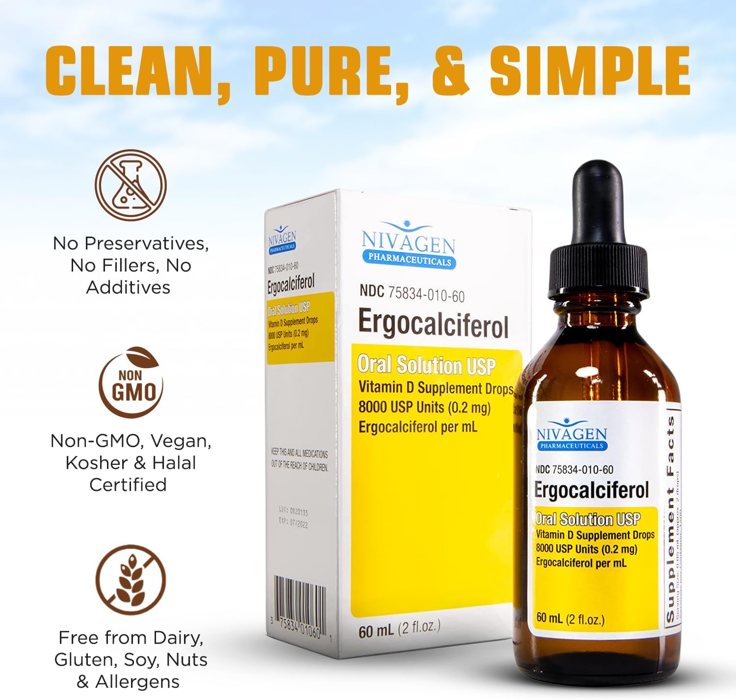 Nivagen Vitamin D2 Liquid Drops 8, 000 USP (Ergocalciferol) | 400 IU per Serving | 2 Drops Once Daily | 1, 200 Servings