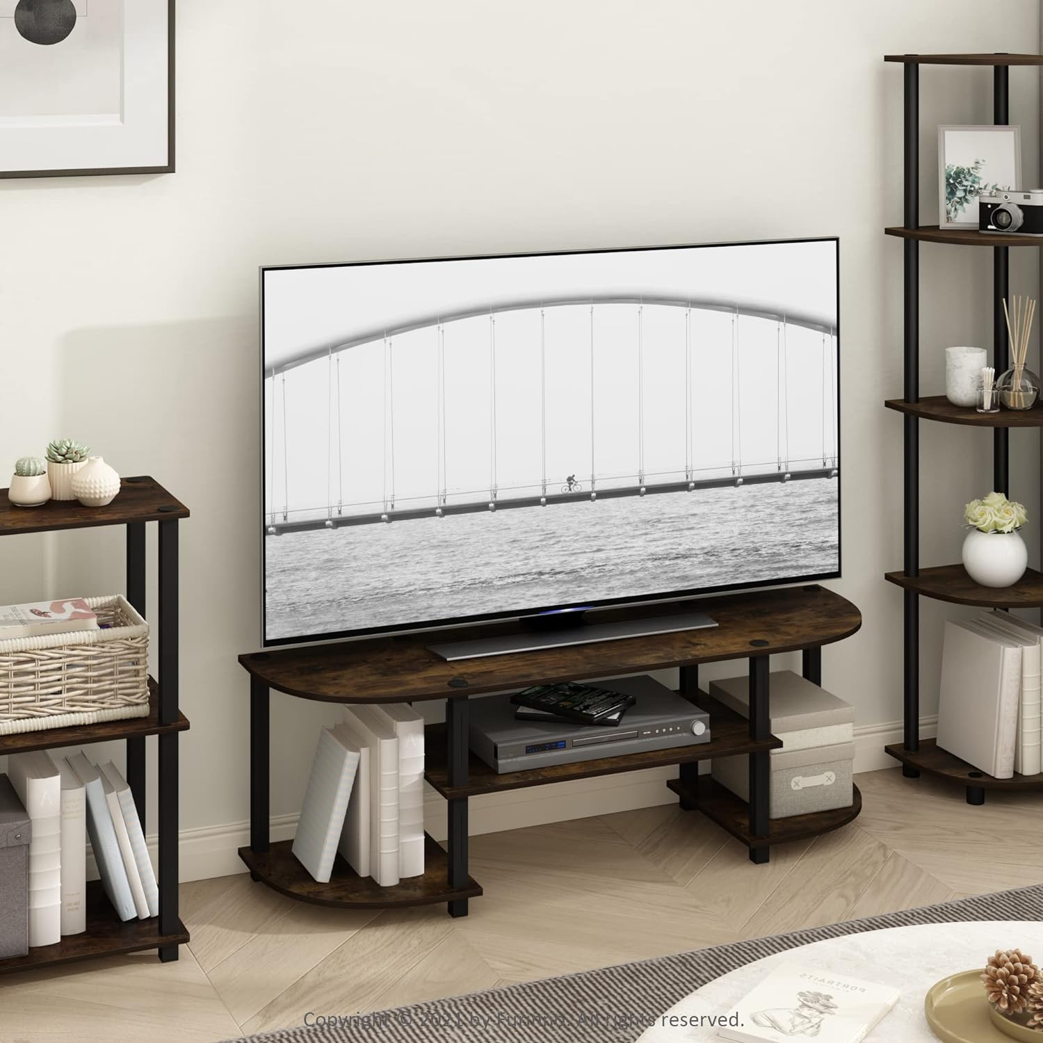 Furinno TURN-S-TUBE 3-Tier TV Stand for TVs up to 55 Inch, French Oak | Toolless Entertainment Center with Open Storage Shelves, Media Console Table with Soundbar Shelf for Living Room, Bedroom