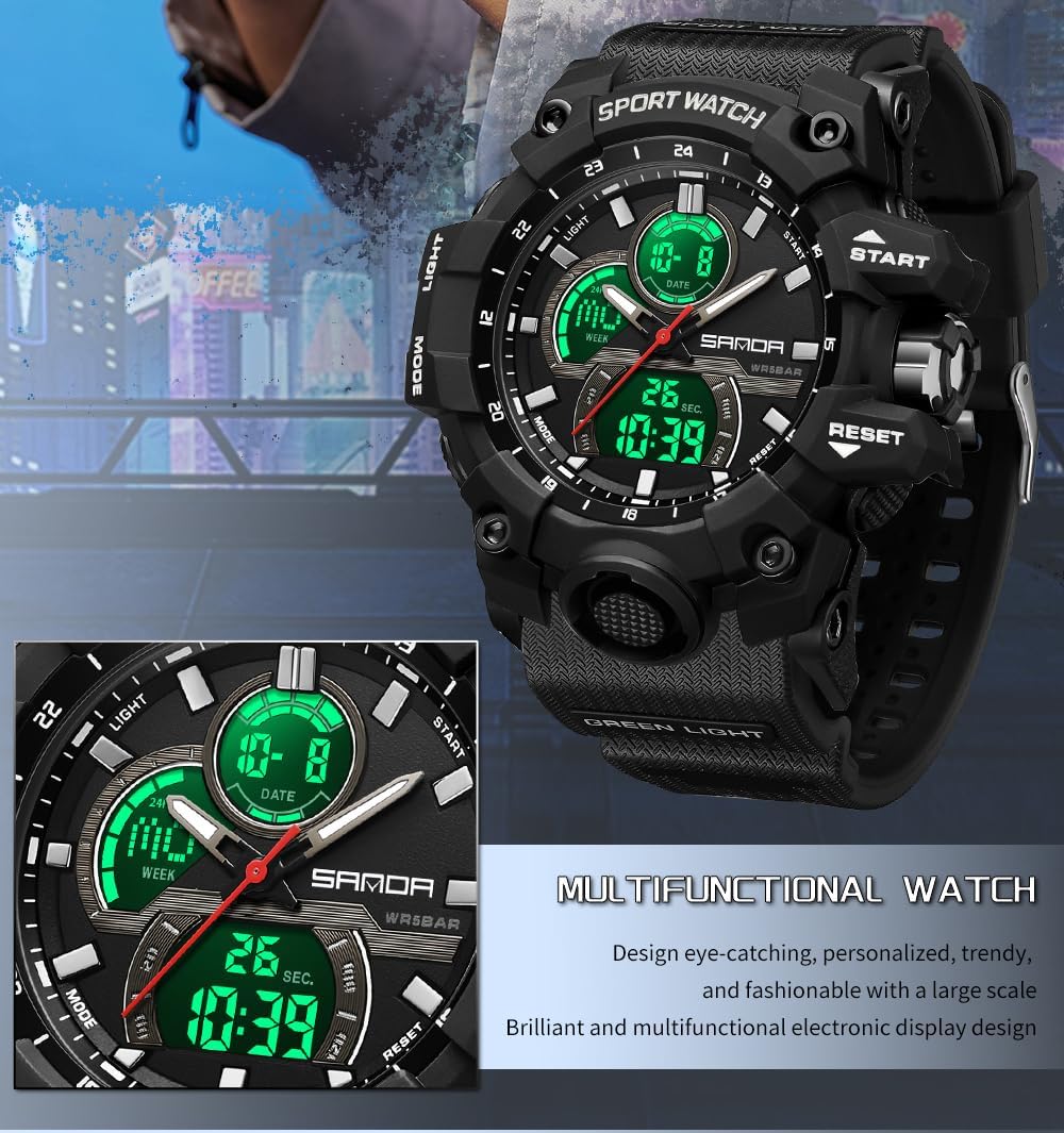 FANMIS Men Sports Outdoor Watch Analog Digital Multifunctional Black Watch | Black Sports Watch Casual Quartz Wristwatch Waterproof Military Wrist Watch Tactics LED Alarm Stopwatch Digital Watch for Men