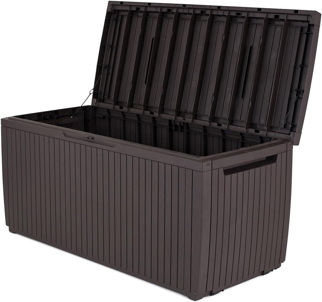 Keter Springwood 80 Gallon Resin Outdoor Storage Box for Patio Furniture Cushions, Pool Toys, and Garden Tools with Handles, Brown