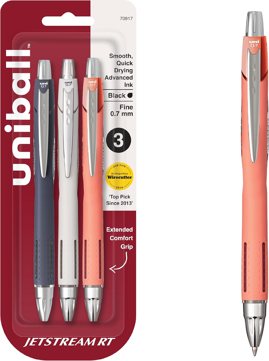 uniball™ Jetstream RT Ballpoint Pens, Black Ink, 0.7mm Fine Point, 3 Count | Retractable, Smooth Writing, Quick-Drying, Smear-Resistant, uni Super Ink™