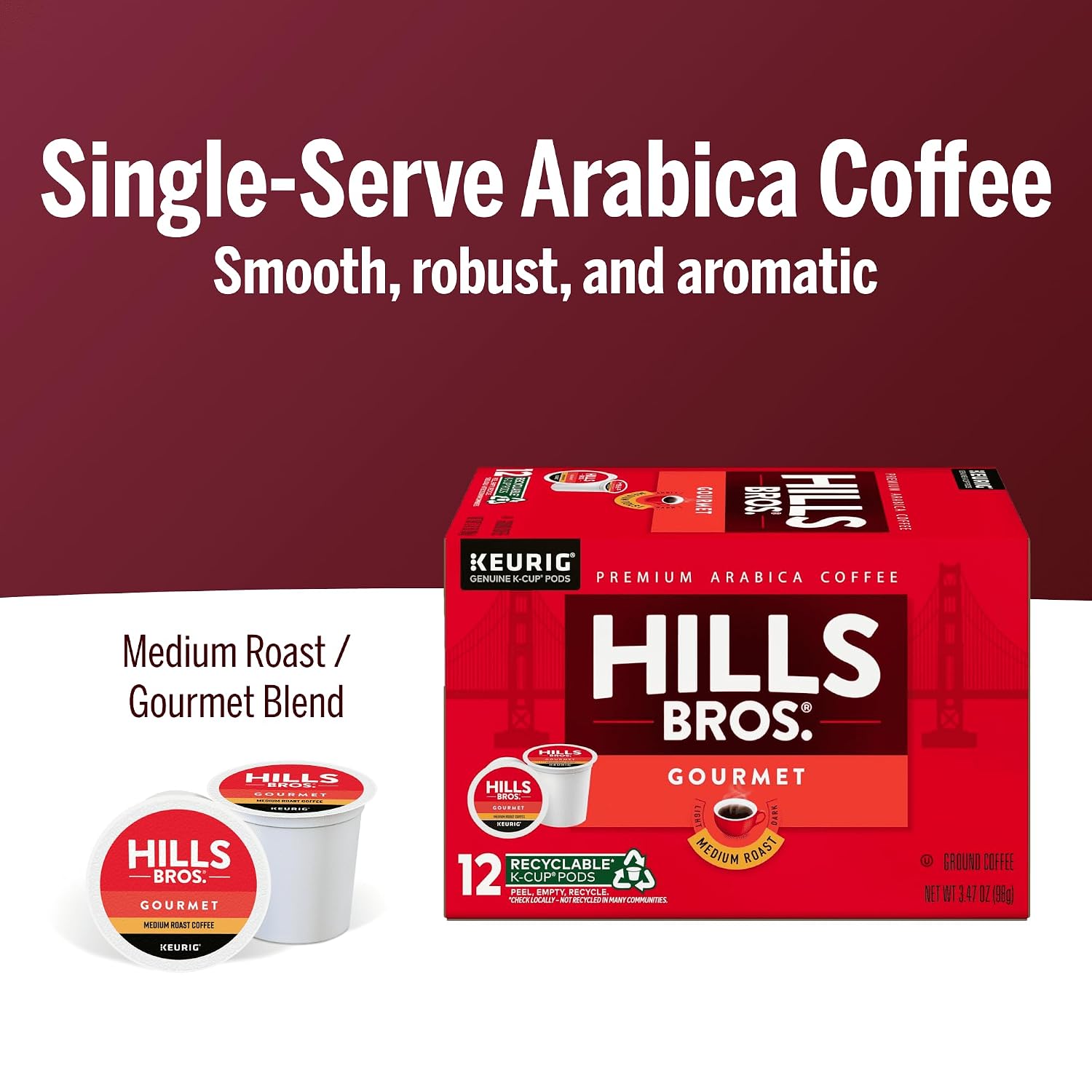 Hills Bros Single Serve Coffee Pods, 100% Colombian Ground Coffee, Medium Roast, 12 Count – Keurig Compatible, Roasted 100% Arabica Beans, Smooth Balanced Flavor