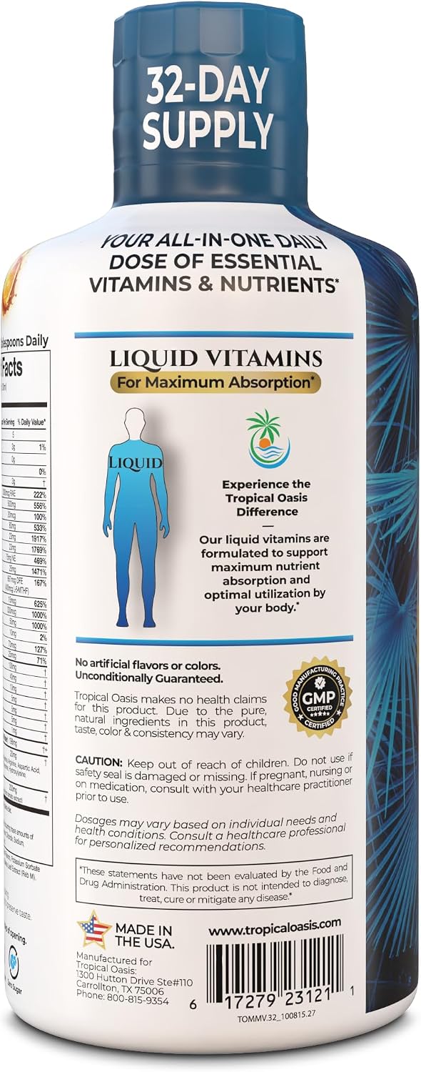 Tropical Oasis Adult Liquid Multivitamin -Liquid Multi-Vitamin and Mineral Supplement with 125 Total Nutrients Including; 85 Vitamins & Minerals, 23 Amino Acids, and 18 Herbs - 16 fl oz, 32 serv