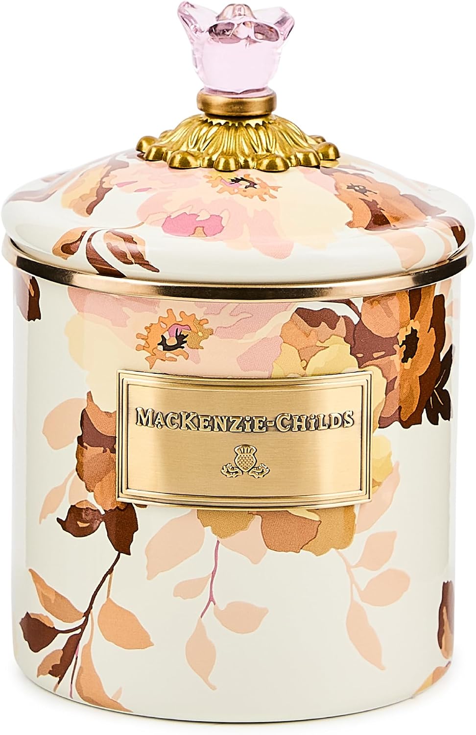 MACKENZIE-CHILDS Enamel Canister, Small, Wild Rose Brown | Hand-applied design, made from enameled steel, versatile kitchen storage container for flour and sugar, 38-ounce capacity