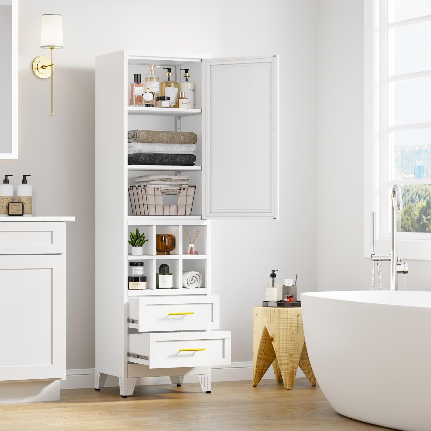 Ckzbx Tall Narrow Storage Cabinet 66.93" H Tall Bathroom Cabinet Metal Pantry Cabinets, 4 Adjustable Shelves for Kitchen, Home Office, Living Room, Dinning Room (20 inches Wide White)