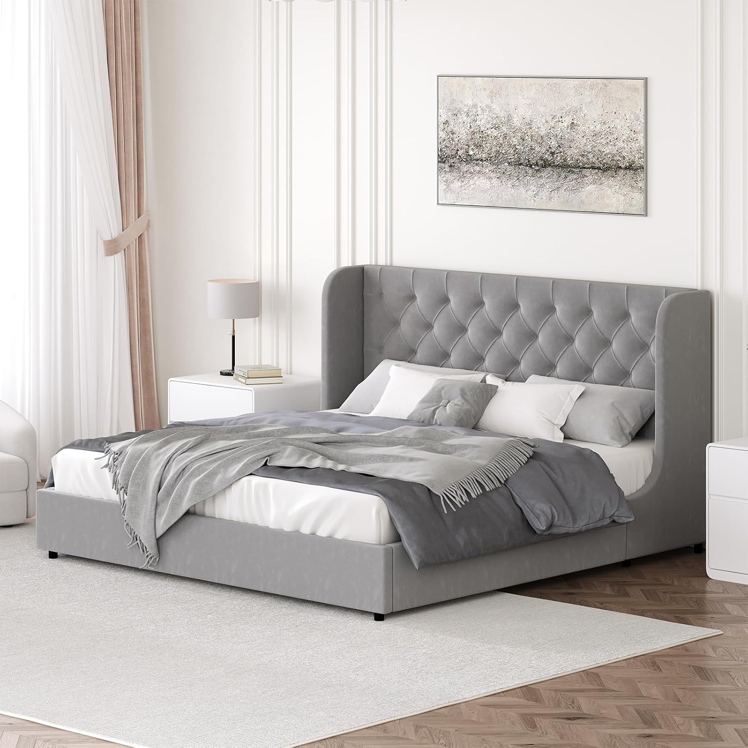 HOMBCK Full Size Bed Frame with Headboard, Upholstered Platform Bed, White | Velvet Tufted Curved Wingback/Wooden Slats Support/No Box Spring Needed/Noise-Free/Easy Assembly