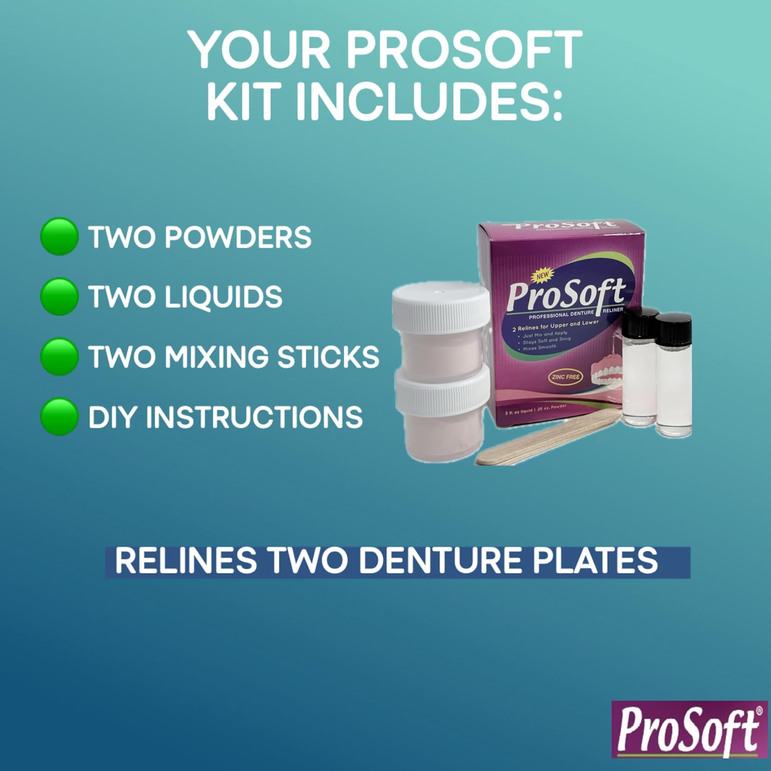 ProSoft Denture Reliner-Relines 2 Denture Plates | Custom-fit denture reline kit cushion for loose or irritating dentures