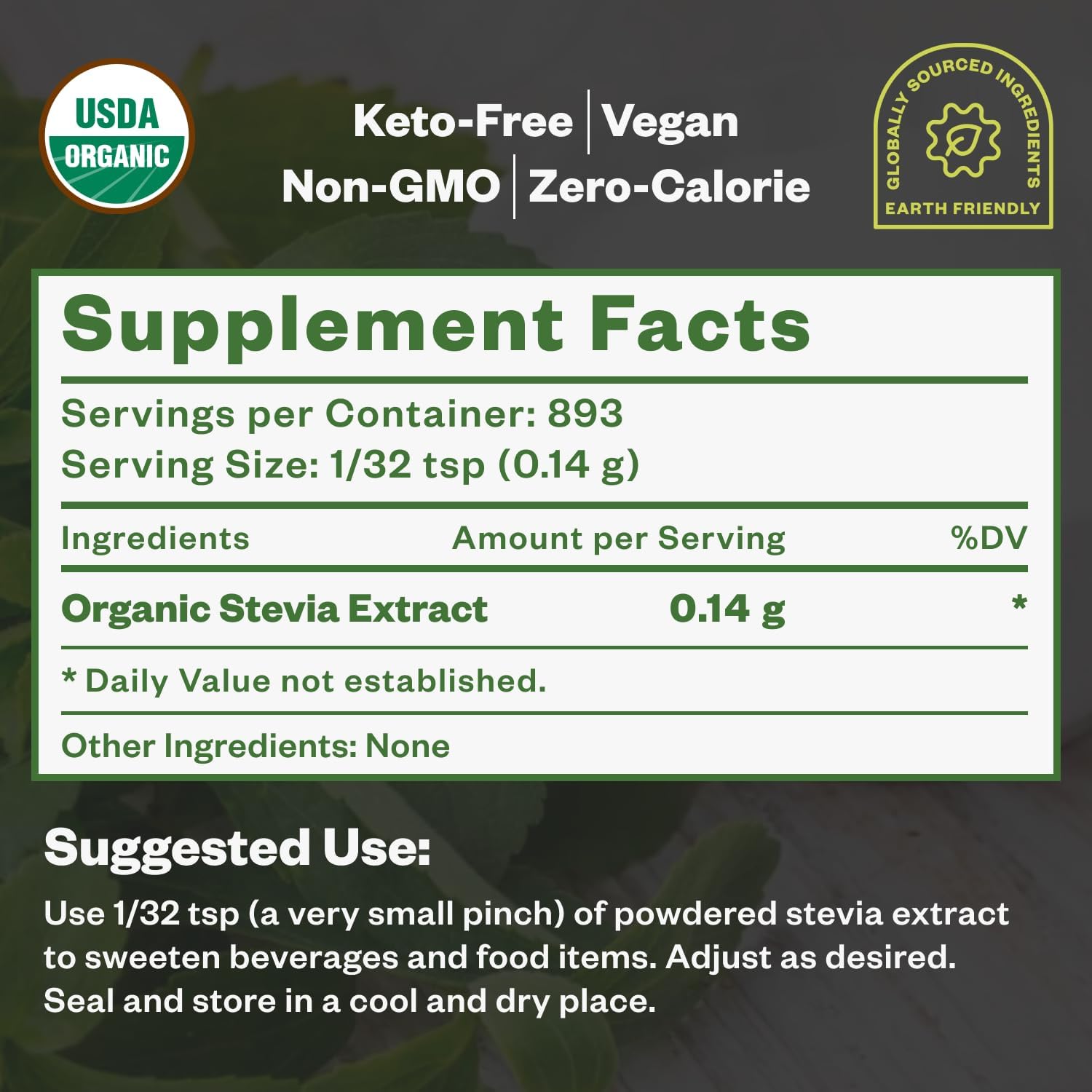 Organic Stevia Extract Powder, Sugar Alternative for Baking and Beverages, Concentrated Formula, Zero Calorie, Non-GMO, Keto Friendly, 892 Servings