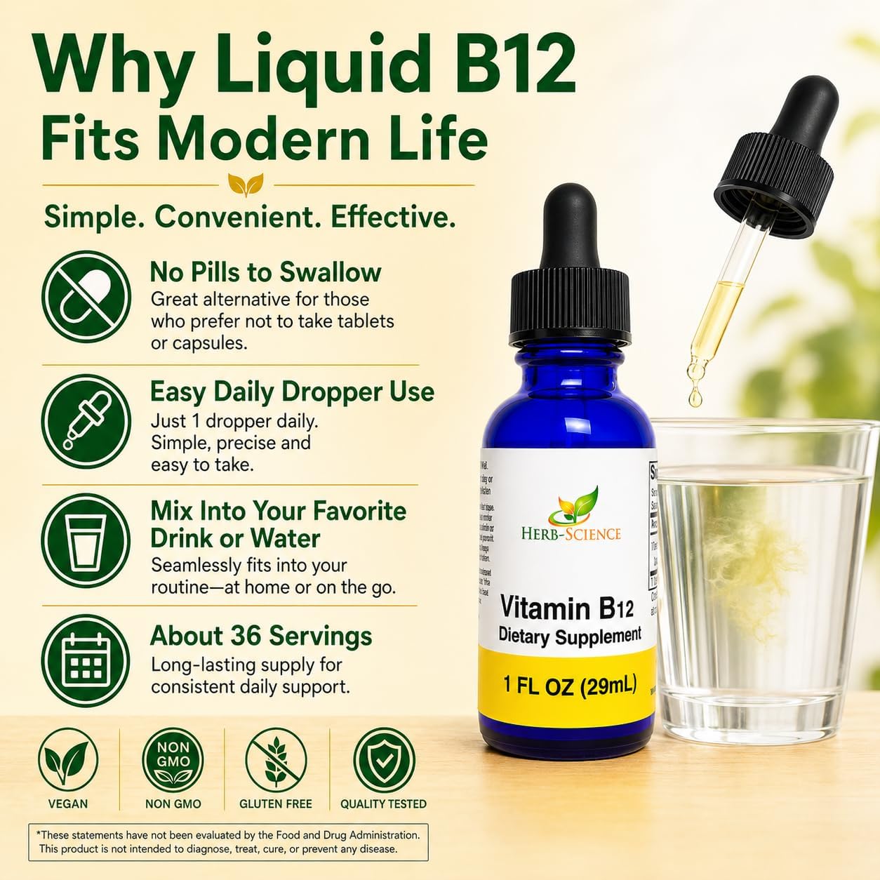 Liquid Vitamin B12 – Cold-Pressed, High Absorption, Vegan, Alcohol-Free, Sublingual B12 Drops, Cyanocobalamin, No Artificial Flavors