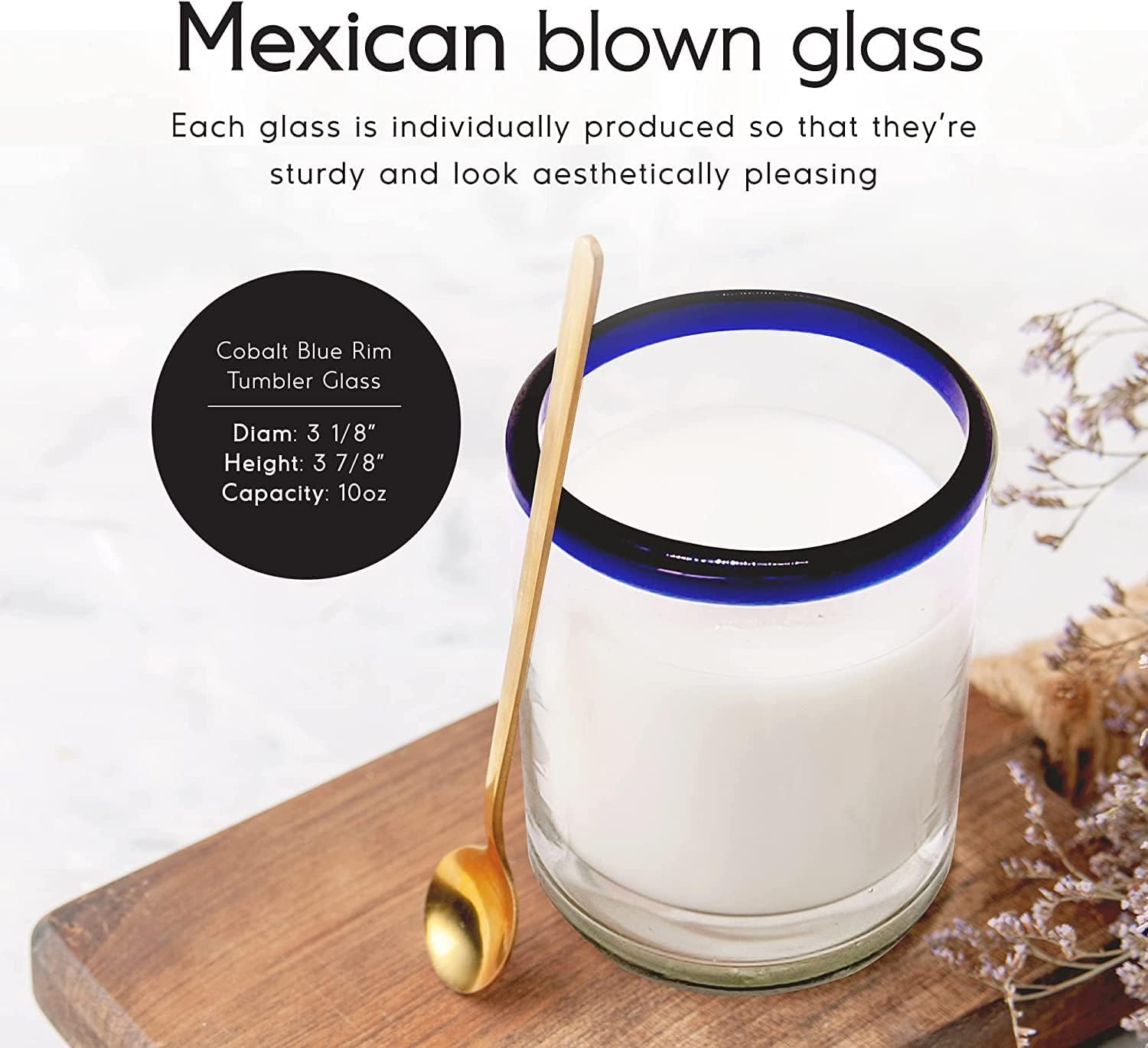 Cobalt Blue Rim 120 oz Pitcher and 6 Drinking Glasses set, Recycled Glass, Lead-free, Toxin-Free (Pitcher & Glasses)