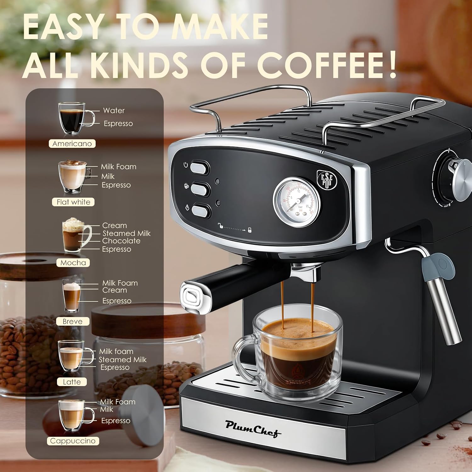 Plum chef Espresso Machine 20 Bar, Household Coffee Maker with Milk Frother Steam Wand, Pressure Gauge, 54oz Large Water Tank, Low Noise Fast Brew for Cappuccino Latte Macchiato Home Office