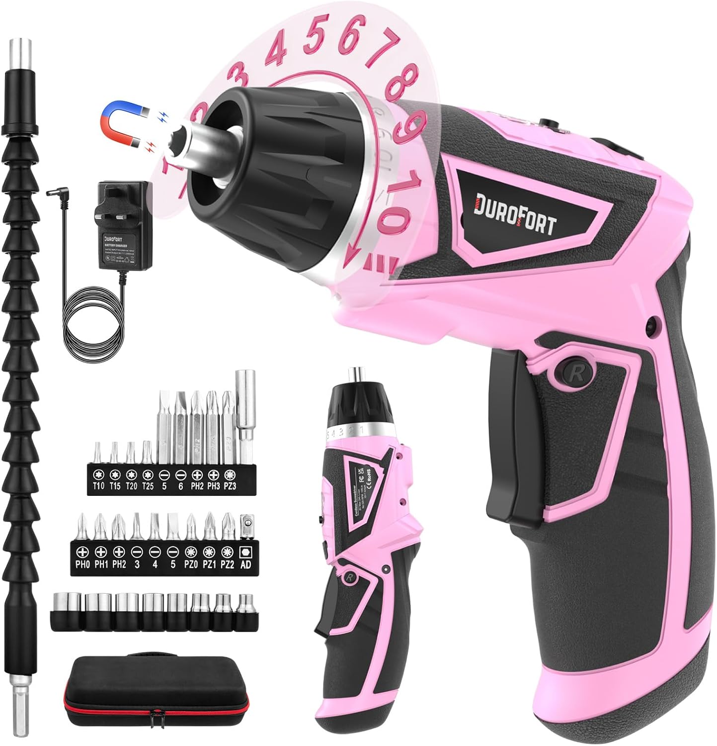 Cordless Electric Screwdriver Set, 8V 10Nm Rechargeable Power Electric Drill, Battery Screw Gun with Driver Bit, 320RPM/10+1 Torque, 2 Position Handle, Flexible Shaft LED Light (Red, 28Pcs)
