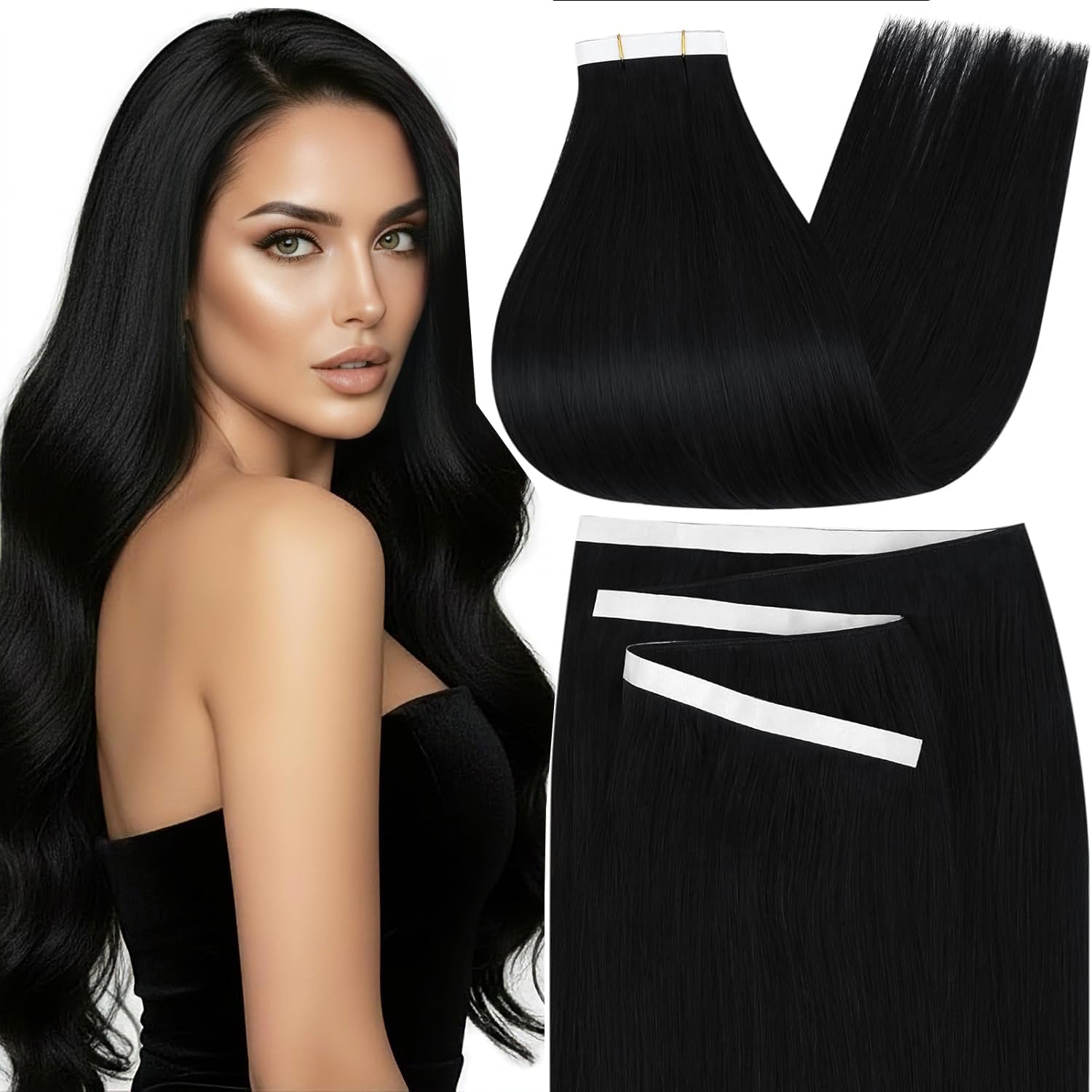 Moresoo Black Tape in Hair Extensions Human Hair, 18 Inch, 20Pcs, 50g