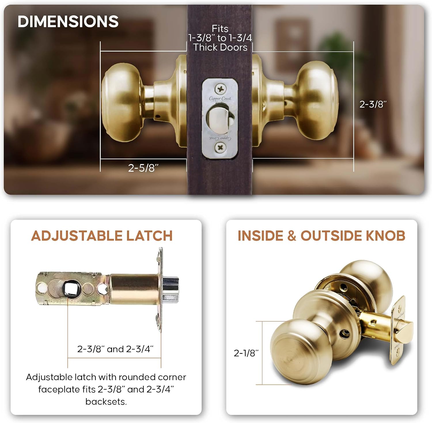 Copper Creek Colonial Privacy Interior Door Knob – ANSI Grade-3 Certified, Modern Heavy Duty Handle, Easy Install and Reversible for Bedroom, Bathroom and Closets – Satin Stainless (1 Pack)