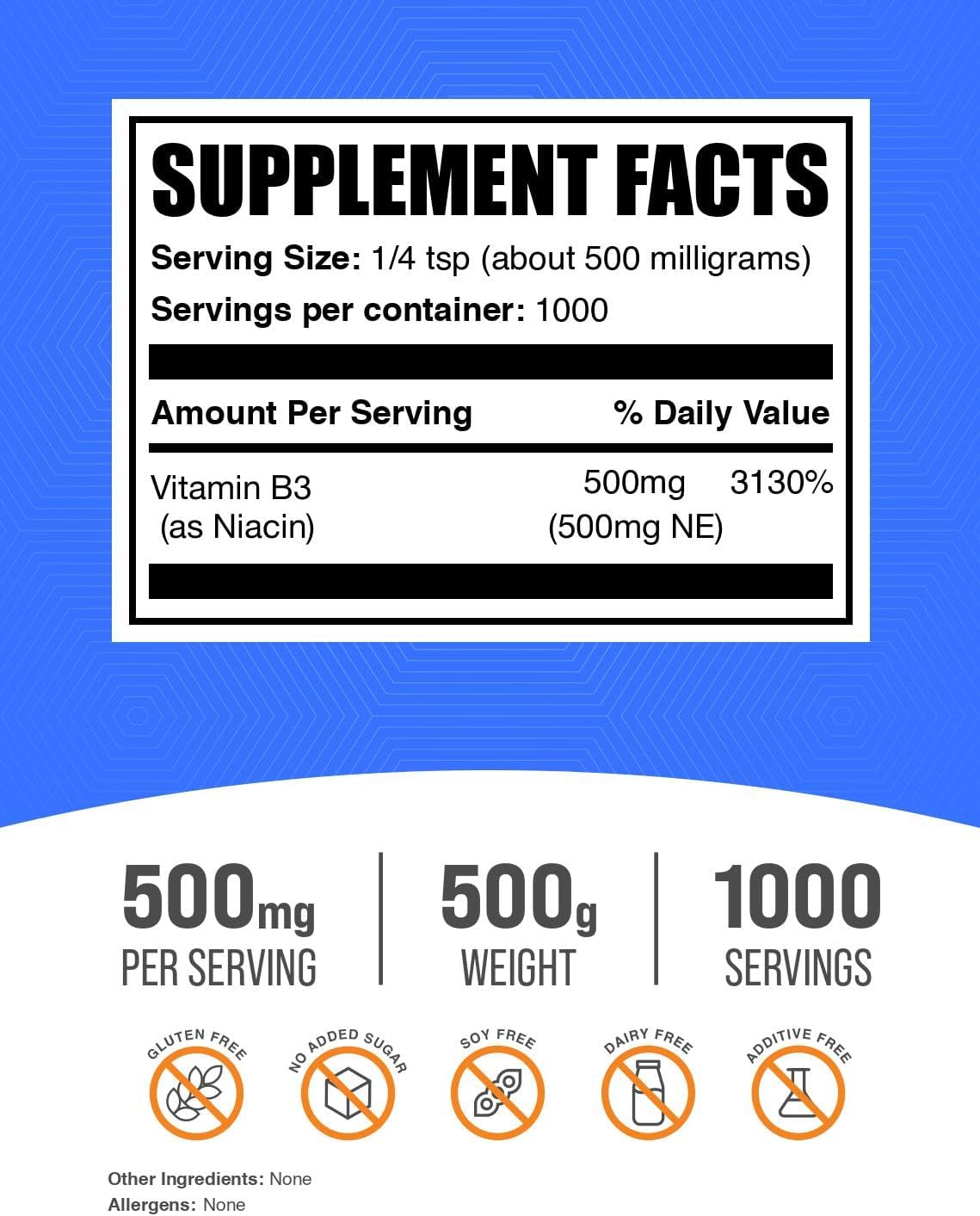 BulkSupplements.com Niacin Powder - Vitamin B3 Supplement, Niacin Flush - Gluten Free, 500mg per Serving, 250g (8.8 oz) (Pack of 1)