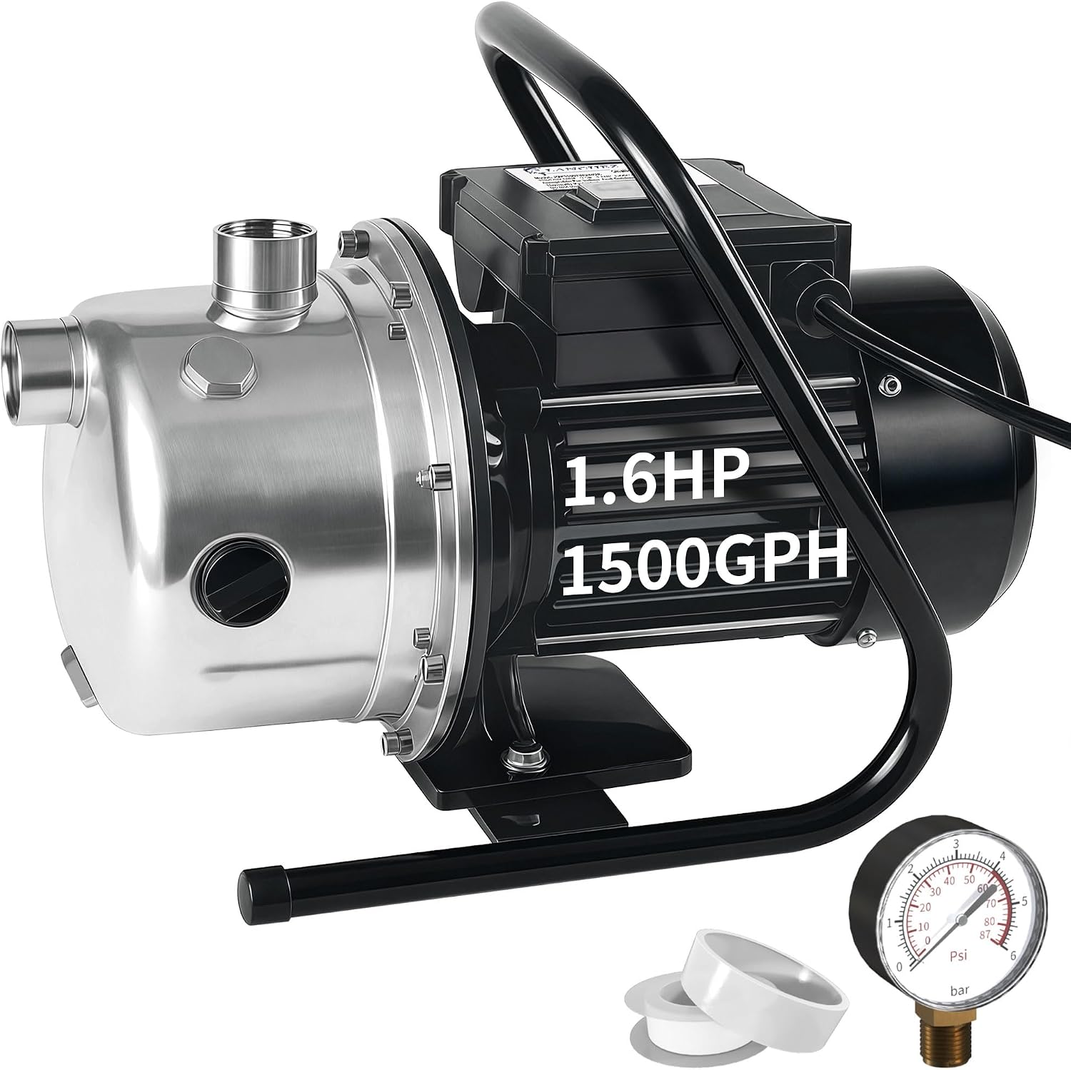 LANCHEZ 1.6 HP Shallow Well Pump, 1500 GPH Stainless Steel Water Transfer Pump, 115V Garden Irrigation Pump
