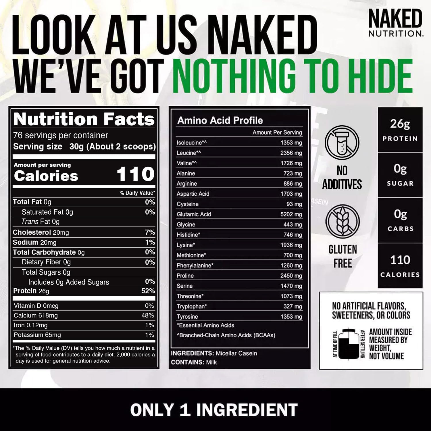 NAKED Casein - Vanilla Micellar Casein Protein - 5 Pound Bulk, NSF Certified, GMO-Free, Gluten-Free, Soy-Free, Preservative-Free - Stimulate Muscle Growth - Enhance Recovery - 61 Servings