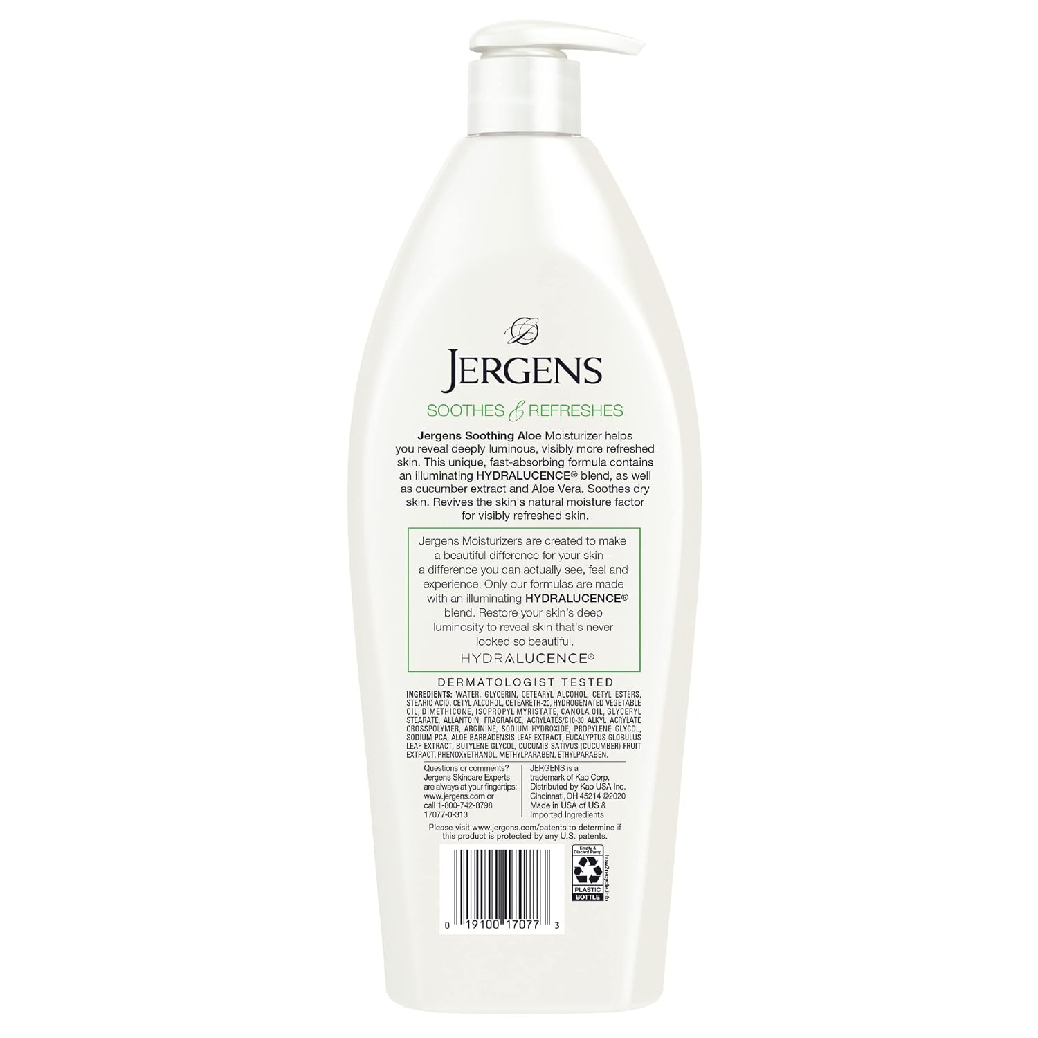 Jergens Soothing Aloe Body Lotion For Dry Skin, Moisturizer, 21 fl oz | Cucumber Extract, Hydralucence Blend, Smooths Texture, Enhances Radiance, Long-Lasting Moisture