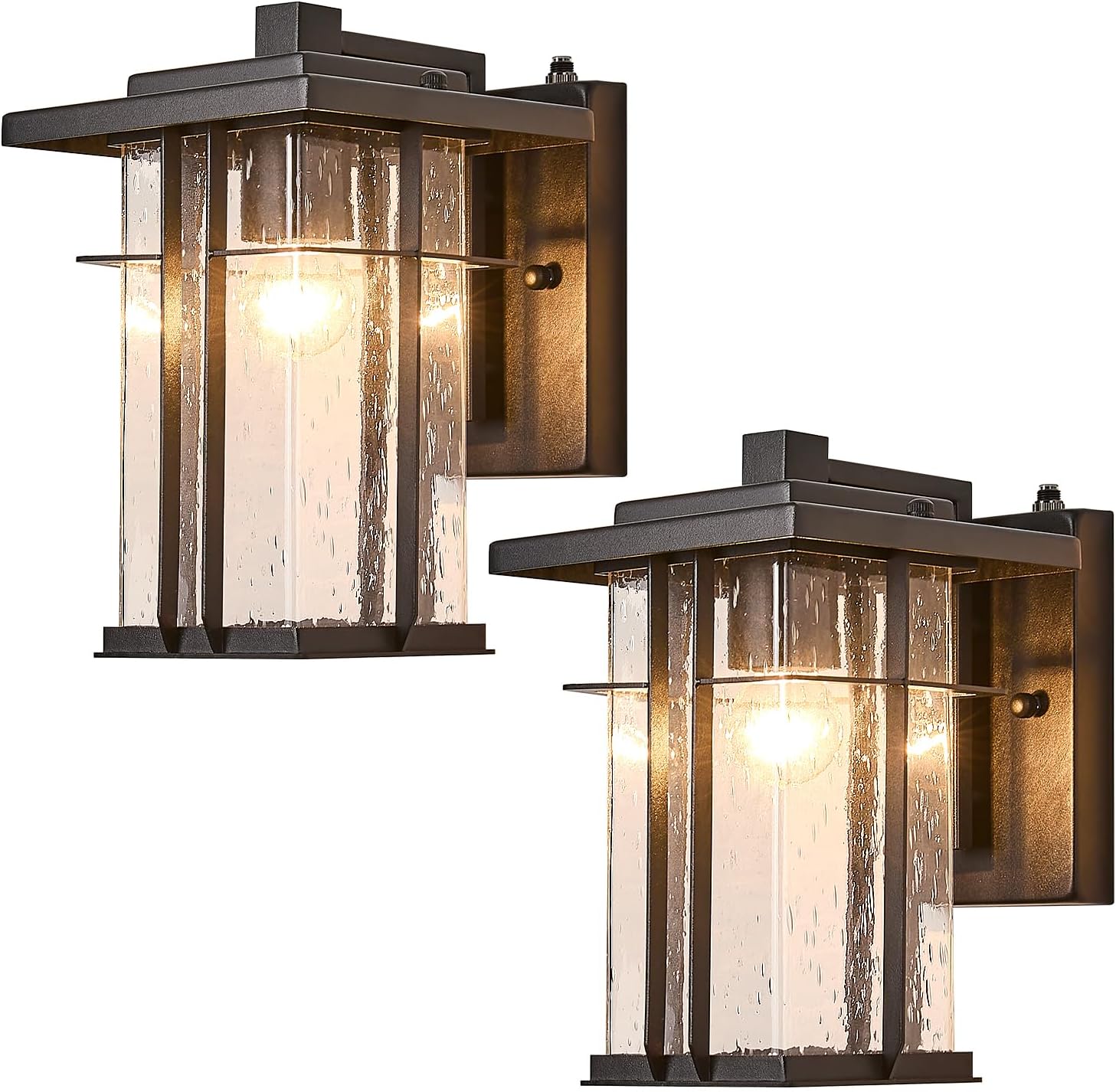 Rustic Dusk to Dawn Outdoor Wall Light Fixture 13.8"H Waterproof Exterior Wall Sconces Black Metal with Seeded Glass Sensor Outdoor Wall Lantern for