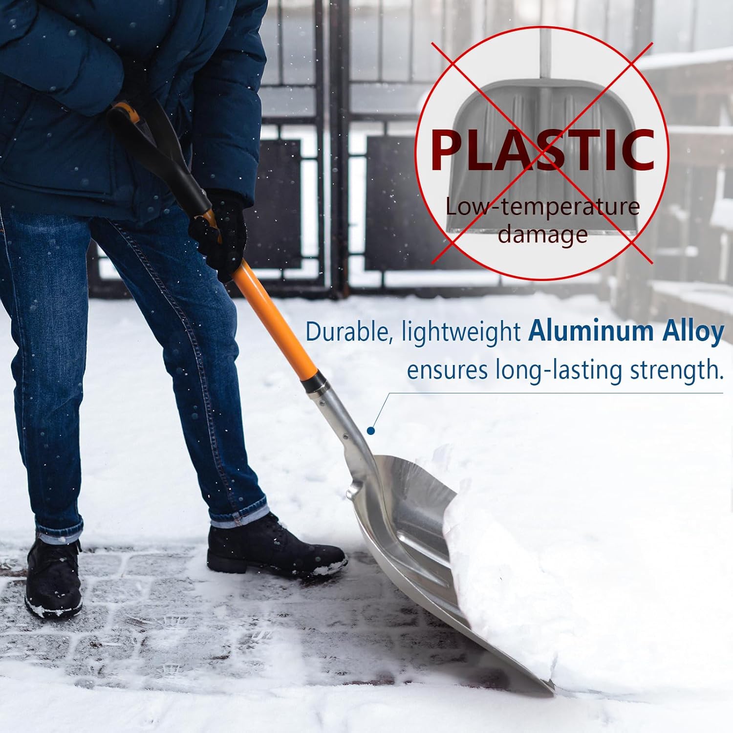 Aluminum Snow Shovel with D Handle Metal Snow Shovel for Driveway 45Inches 3.7 Pounds Transfer Shovel Shovel for Gardening, Orange
