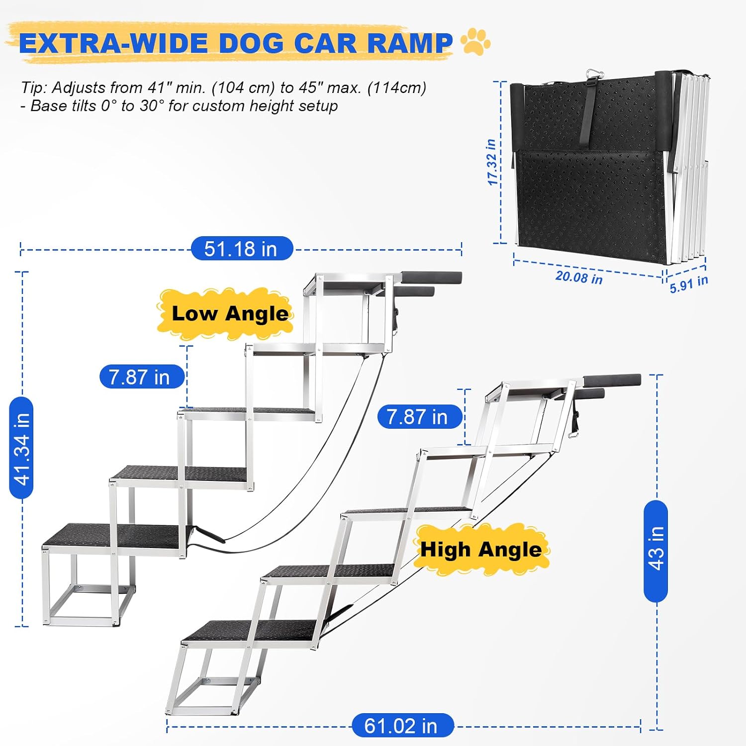 Deergym Dog Stairs for Large Dogs - 5 Step Wide 16in High 34in Foldable Dog Ramp for Car Non-Slip Surface Support up to 230lbs - Suitable for SUV,Truck, Sofas, Bed