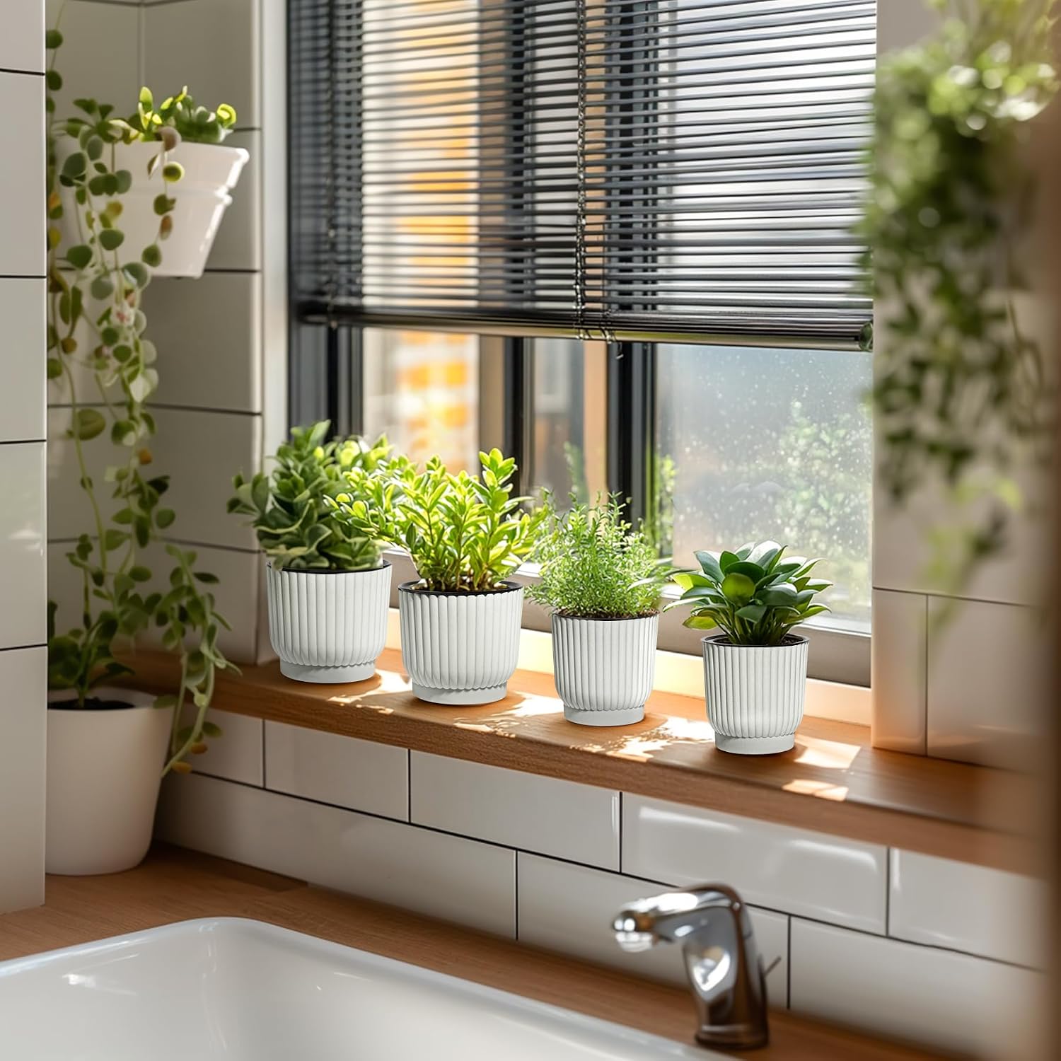 T4U Self Watering Pots for Indoor Plants, 4 Inch 6 Pack Planter White