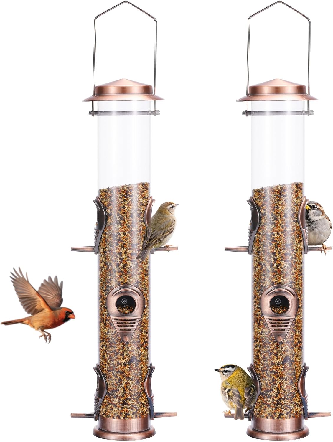 MIXXIDEA 1PK Metal Bird Feeders with 6 Feeding Ports, Tube Bird Feeder with Steel Hanger, Hard Plastic Wild Bird Feeder for Outdoors Hanging