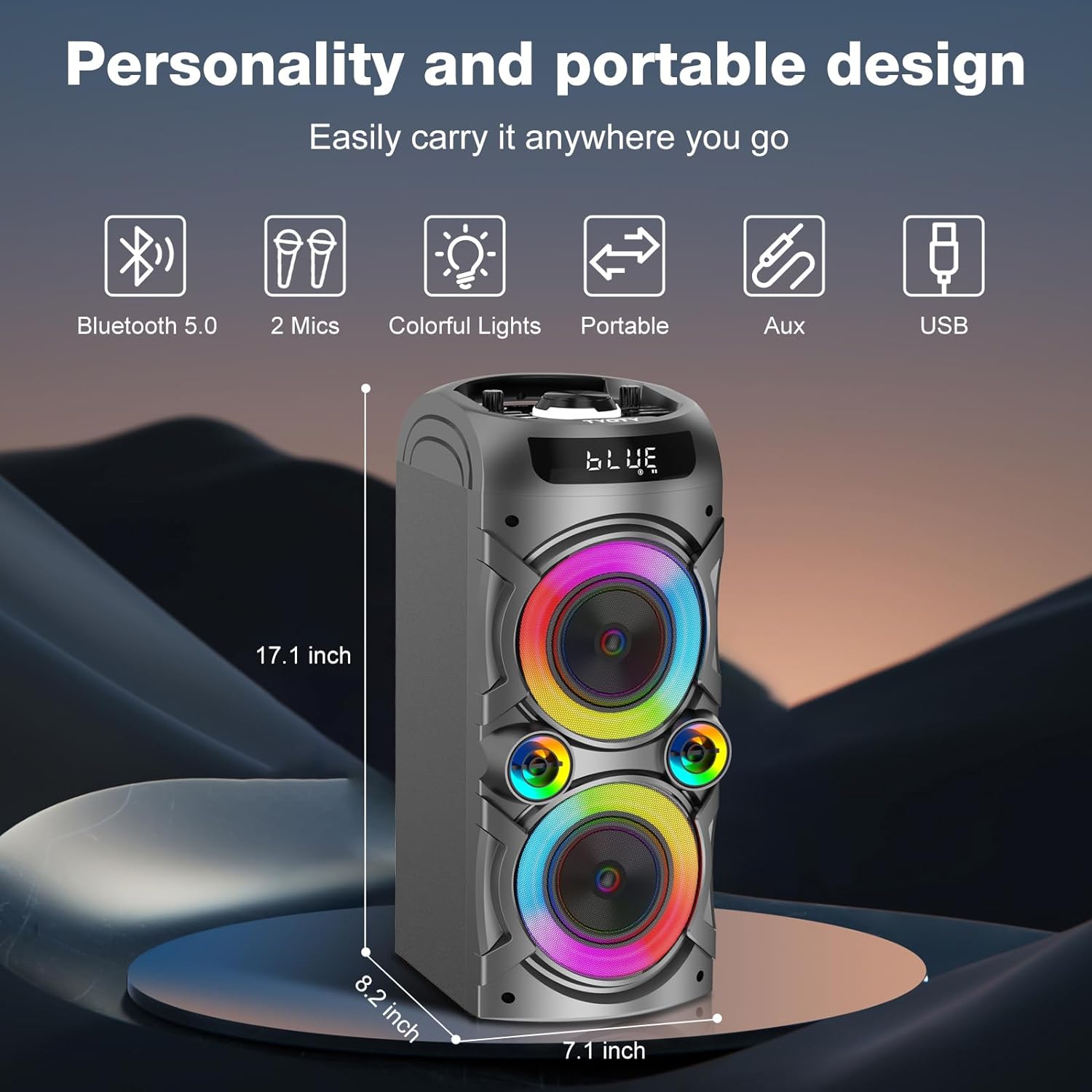 Karaoke Machine with 2 Wireless Microphones, Portable PA System Big Bluetooth Speaker with LED Lights, Remote Control Support Bass/Treble Adjustment