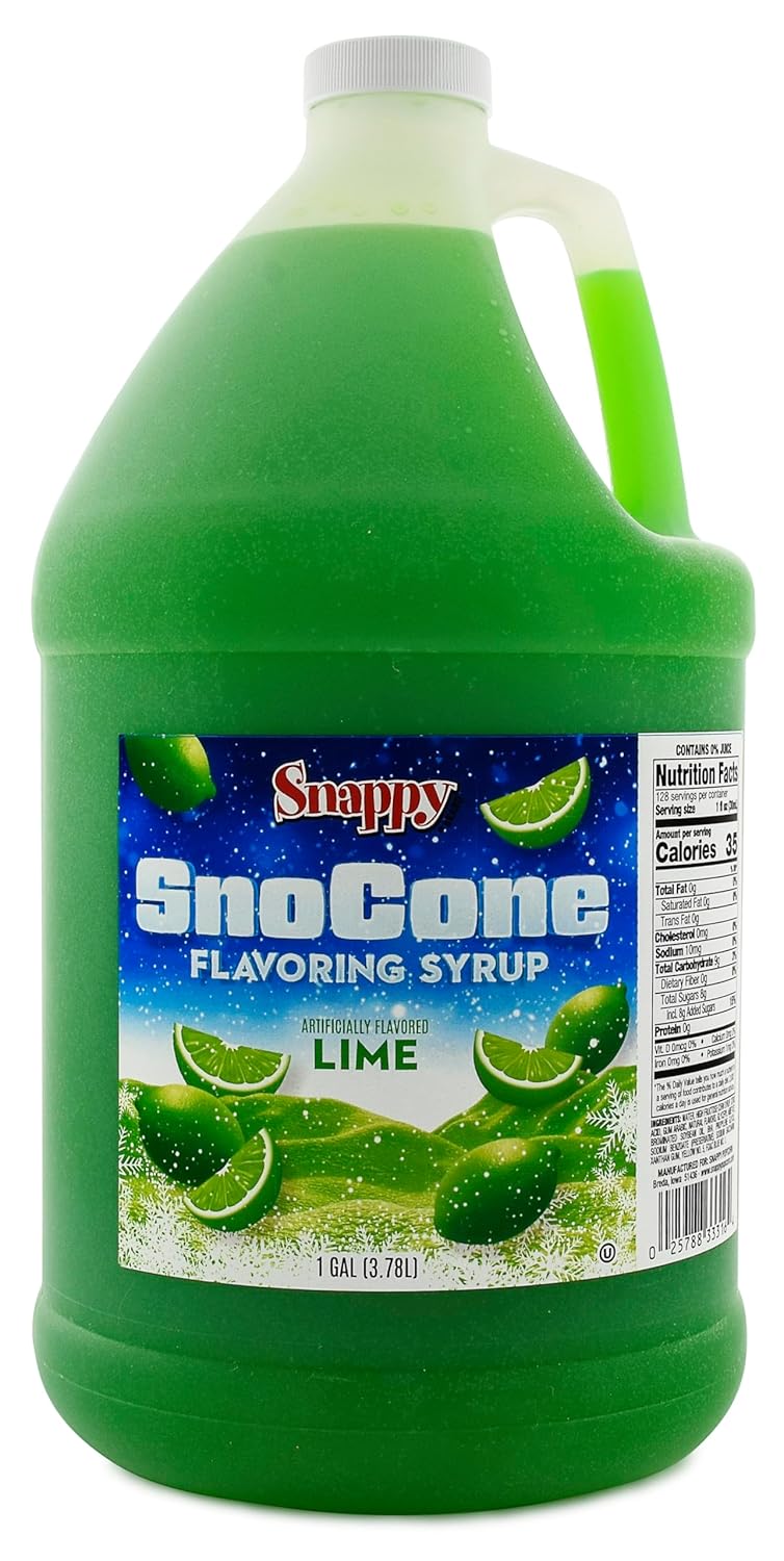 Snappy Lime Sno Cone Syrup, 1 Gallon 4 Pack, Ready to Use for Snow Cone Machines and Shaved Ice