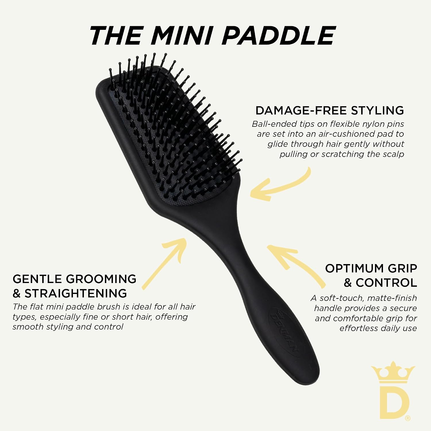 Denman (Black) Mini Paddle Cushion Hair Brush for Blow Drying, Detangling & On the Go Travel - Comfortable Styling
